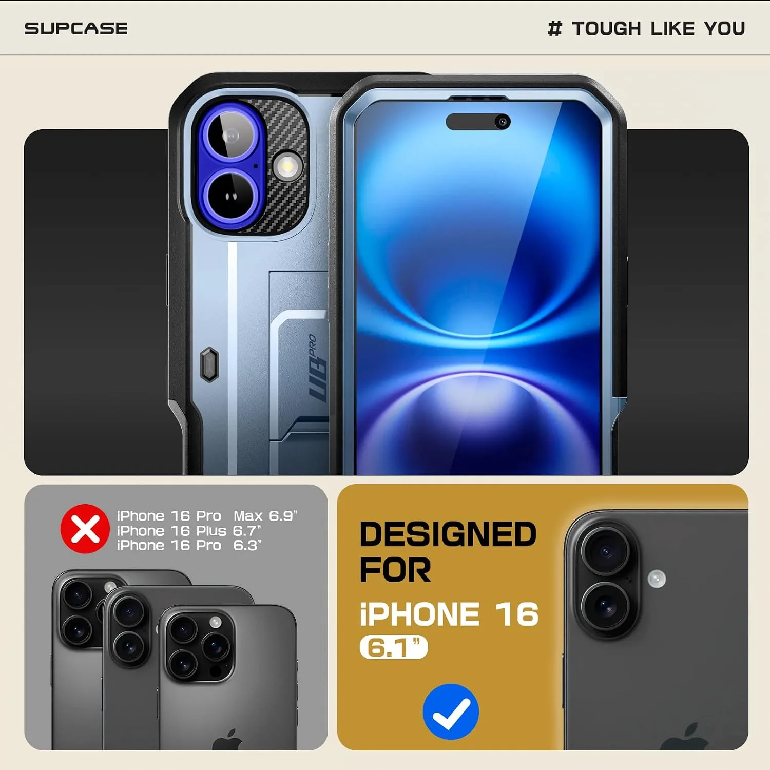 SUPCASE for iPhone 16 Case with Screen Protector & Kickstand, Blue