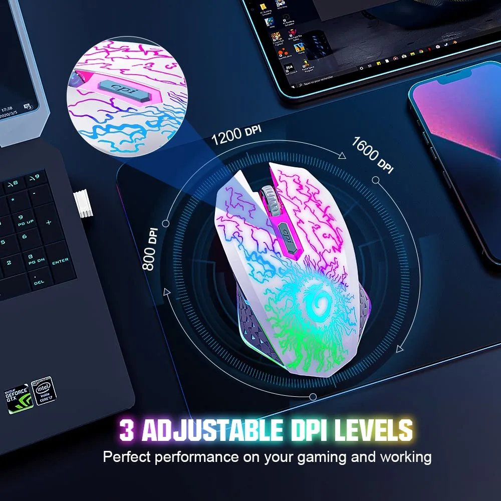VersionTECH. Wireless Gaming Mouse, Rechargeable Computer Mouse Mice with Colorful LED Lights, Silent Click, 2.4G USB Nano Receiver, 3 Level DPI for PC Gamer Laptop Desktop Chromebook Mac-White