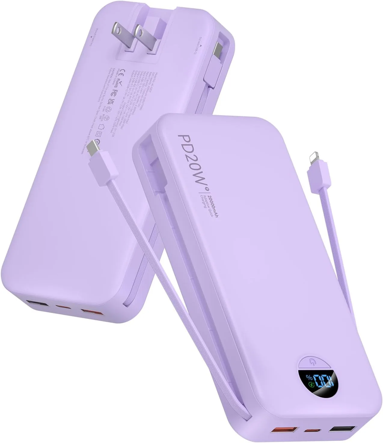 citicr Portable Charger 20000mAh PD20W w/Built-in Cables & Wall Plug Purple