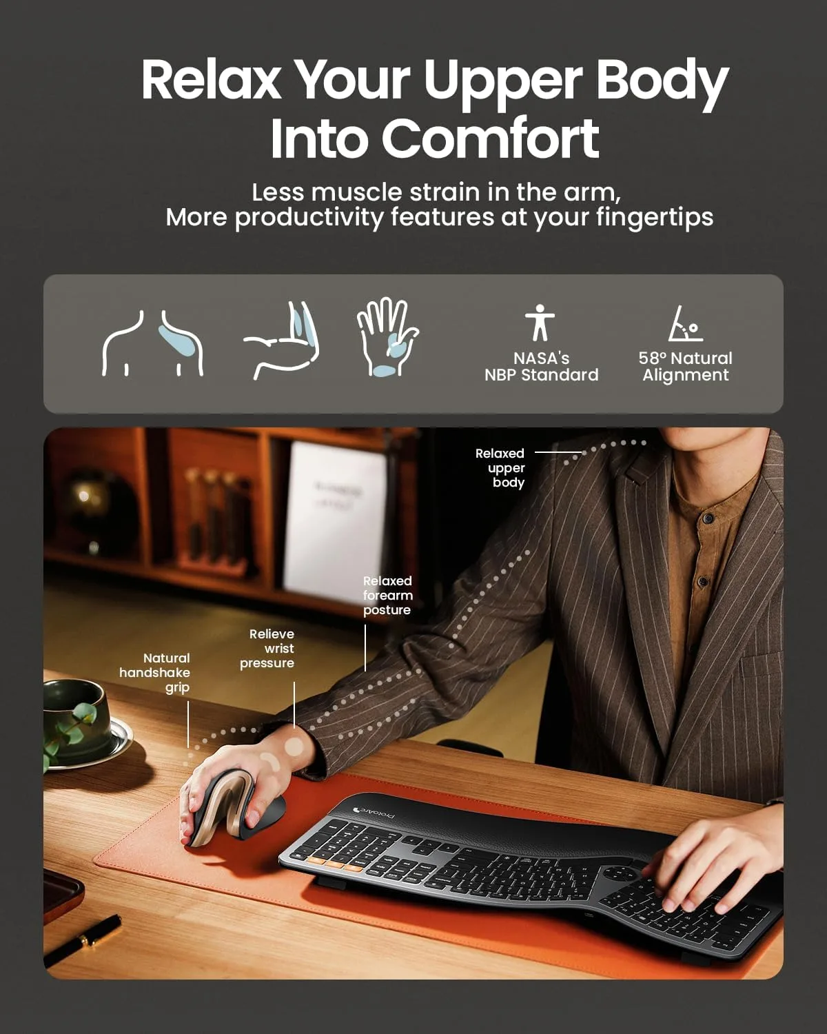 ProtoArc EM11 NL Wireless Ergonomic Mouse, Rechargeable, Black Gold