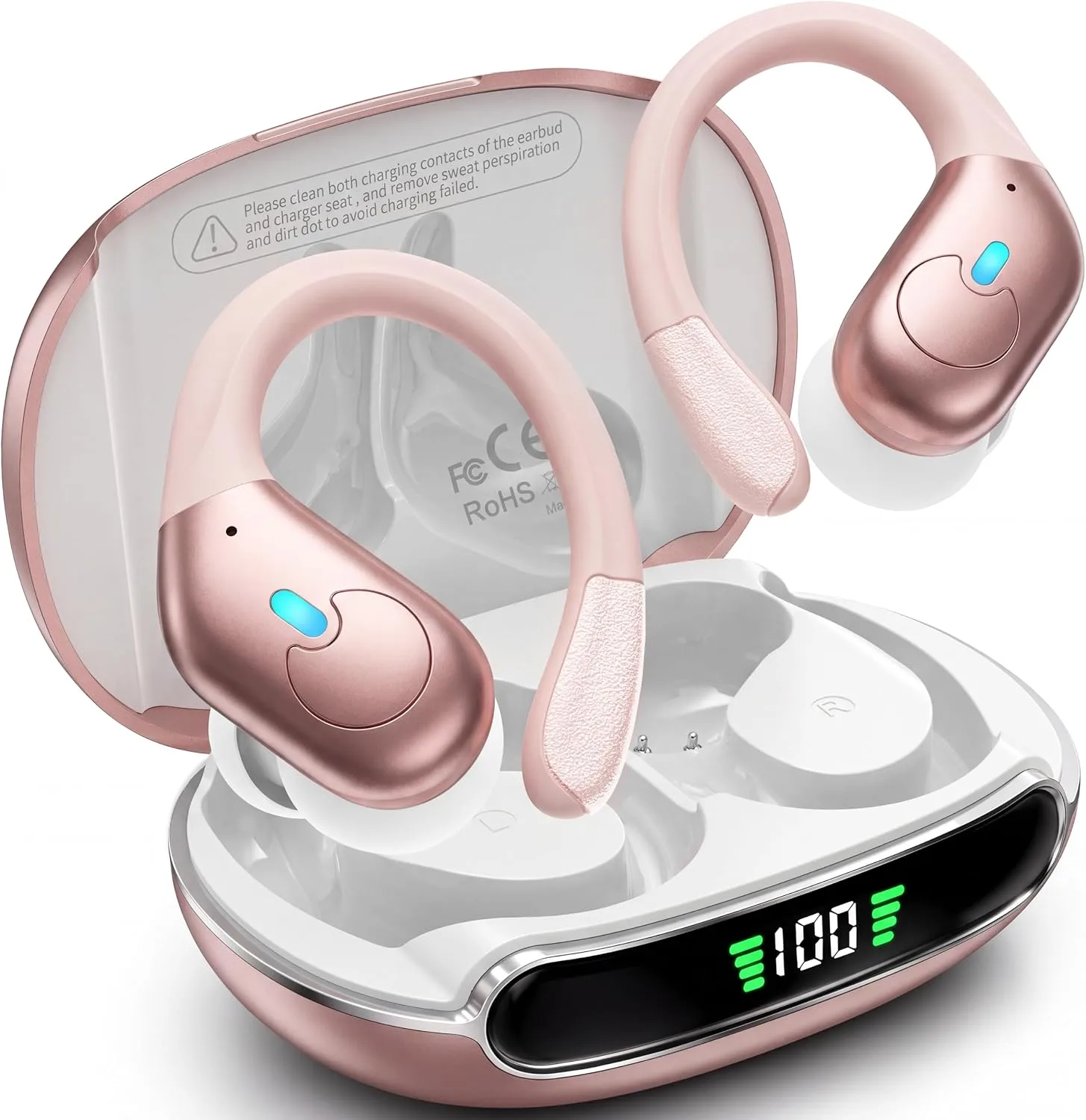 Active Noise Cancelling Ear Buds Wireless Earbuds 90H Playtime Bluetooth Headphones Stereo Bass Over-Ear Hooks Earphones with Power Display Case IPX7 Waterproof Headset for Workout/Running, Rose Gold