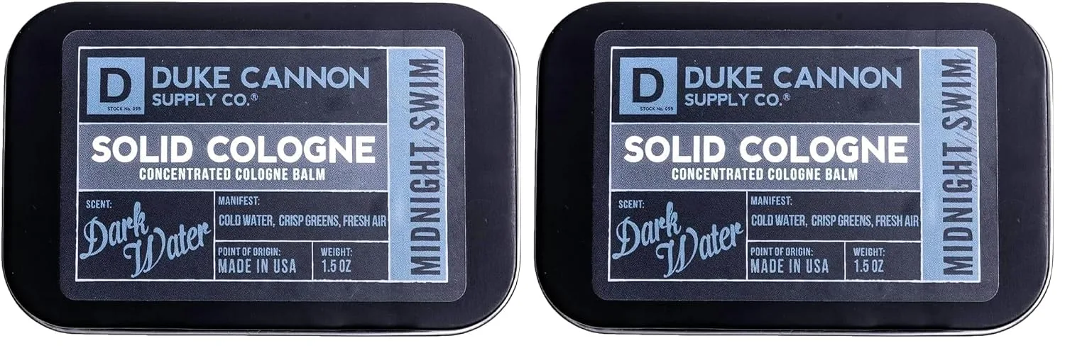 Duke Cannon Supply Co. Solid Cologne for Men Midnight Swim - Cold Water, Crisp Greens, Fresh Air - Concentrated Balm, Travel-Friendly Tin, 1.5 oz (1 unit) (Pack of 2)