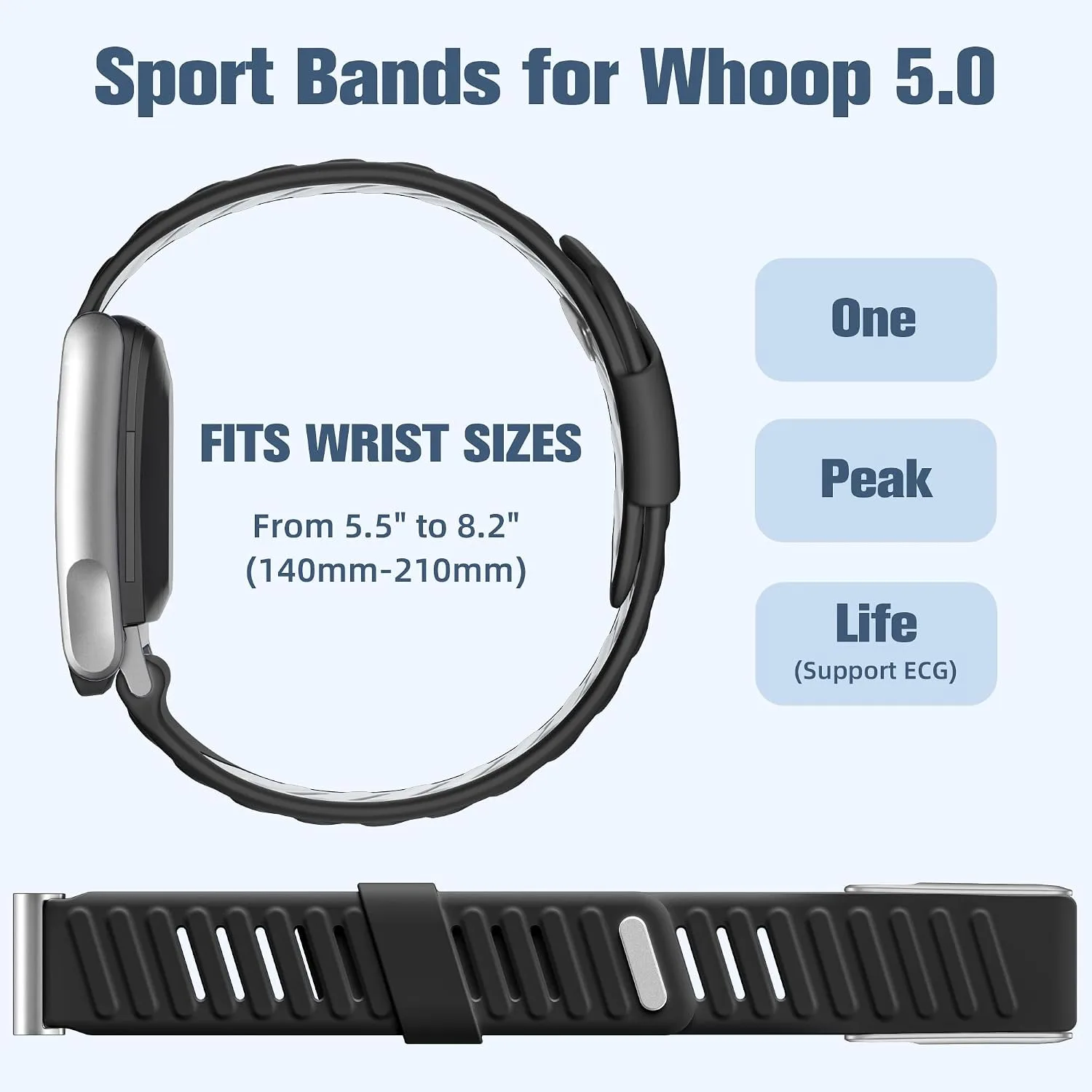 Getino Silicone Bands Compatible with Whoop 5.0 Band One, Peak, Life MG, Waterproof Adjustable Replacement Accessories Sport Strap for Whoop Band 5.0 Fitness Activity Tracker, Black/Gray