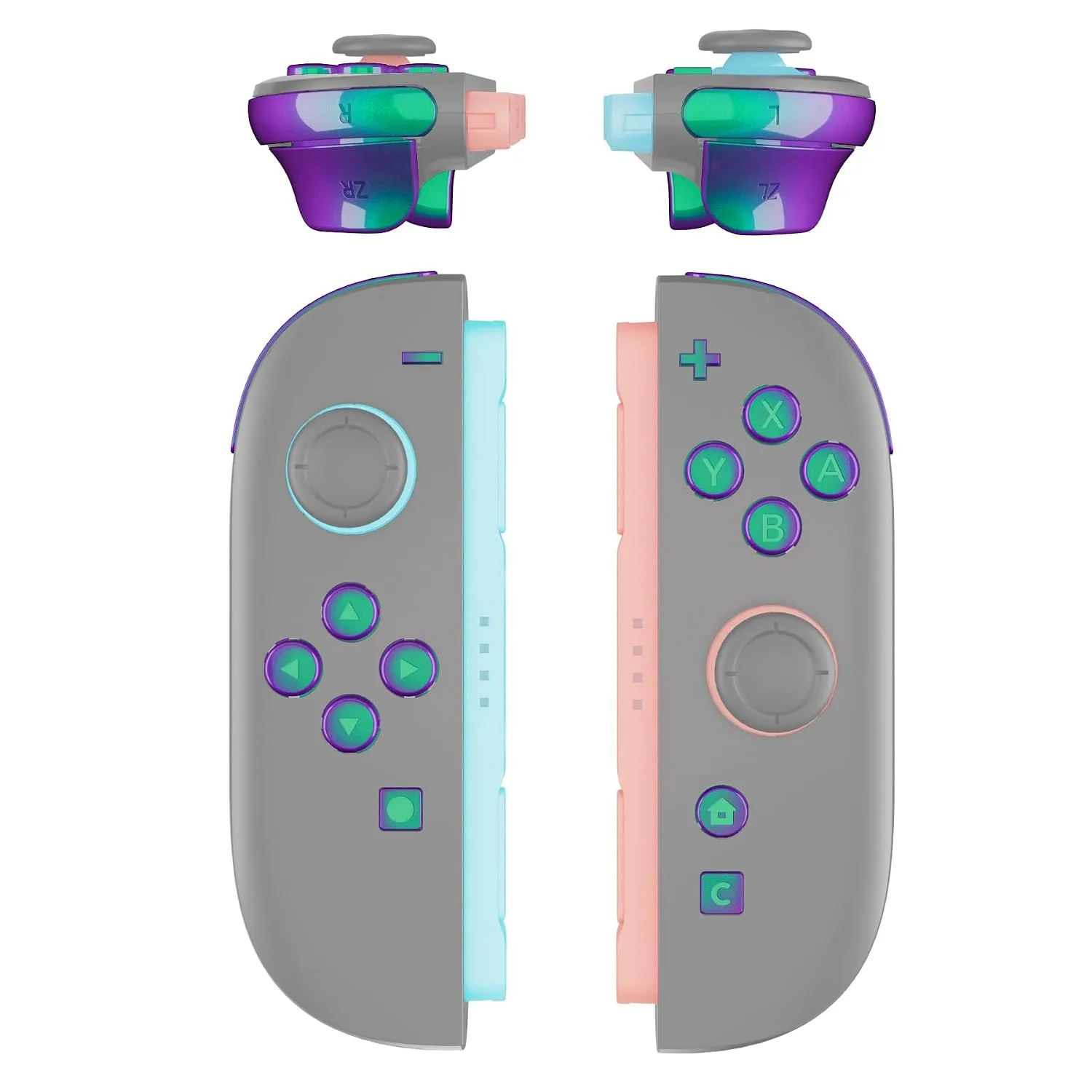 eXtremeRate DIY Replacement Full Set Buttons for Joycon 2, Custom ABXY Direction Keys Dpad + - C Home Capture Release L R ZR ZL Trigger Buttons for Nintendo Switch 2 Controller- Chameleon Green Purple