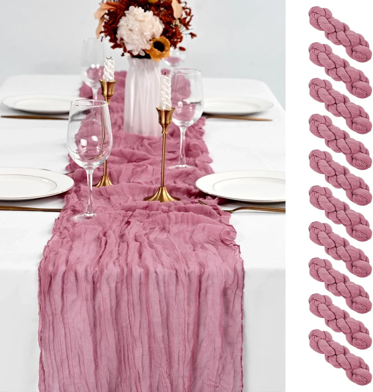 10 Pack Dusty Rose Table Runner 10Ft Cheesecloth Table Runner Boho Gauze Table Runners Romantic Long Sheer Fabric Cheese Cloth Table Runners for Wedding Party Bridal Shower(Dusty Rose)
