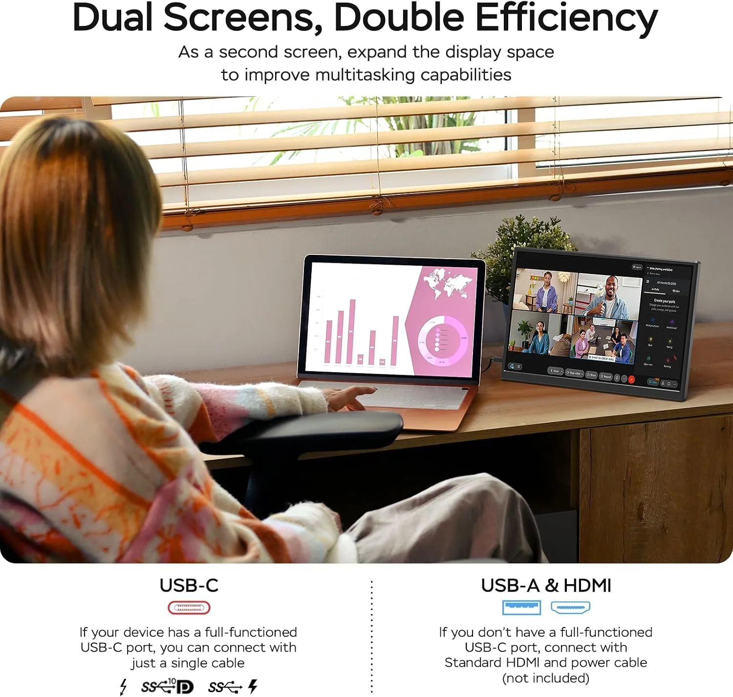 WGK 14 inch Portable Monitor 1200P FHD+ 100% sRGB Travel Display HDMI/USB-C Compatible with Laptops, Desktops, Phones, PS, Mac, Xbox, Switch, and Other Gaming Devices Includes Stand and Speakers VESA