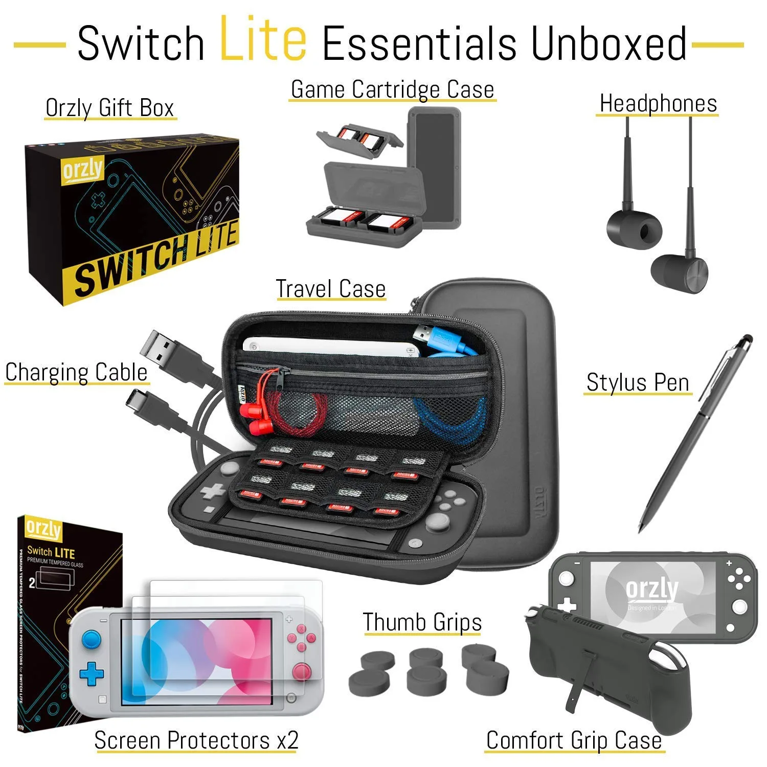 Orzly Switch Lite Accessories Bundle - Case & Screen Protector for Nintendo Switch Lite Console, USB Cable, Games Holder, Comfort Grip Case, Headphones, Thumb-Grip Pack & more (Orzly Gift Pack - Grey)