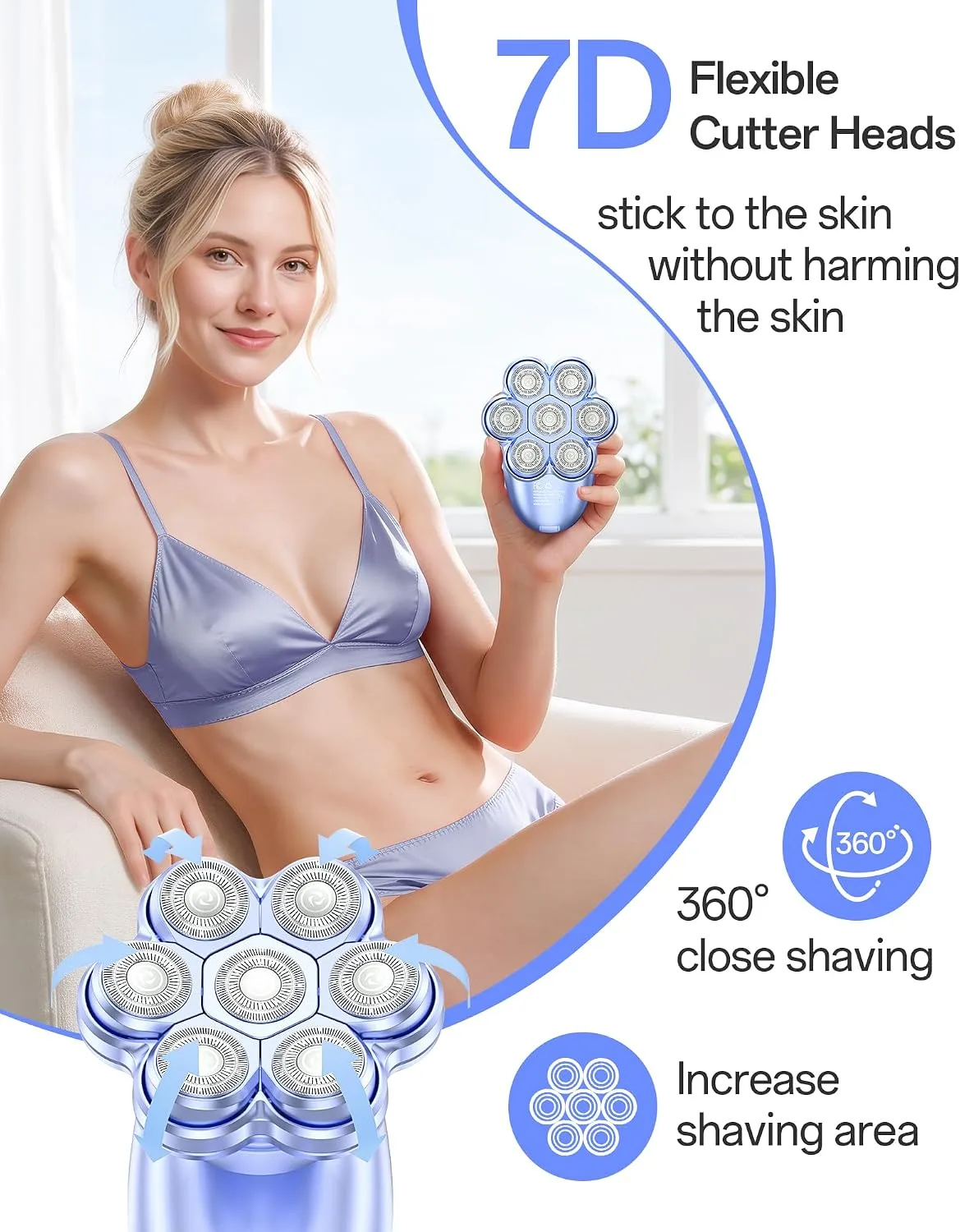 5-in-1 Electric Razors for Women, 7D Electric Shavers for Womens Full Body Legs, IPX7 Waterproof Wet Dry Travel Bikini Trimmers for Lady Face Bikini Arms Underarms (Blue)