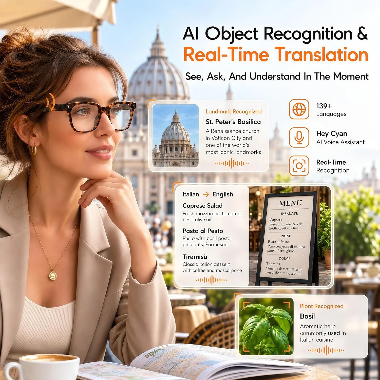 AI Smart Glasses with Camera,4K Anti-Shake Video, Real Time Translation