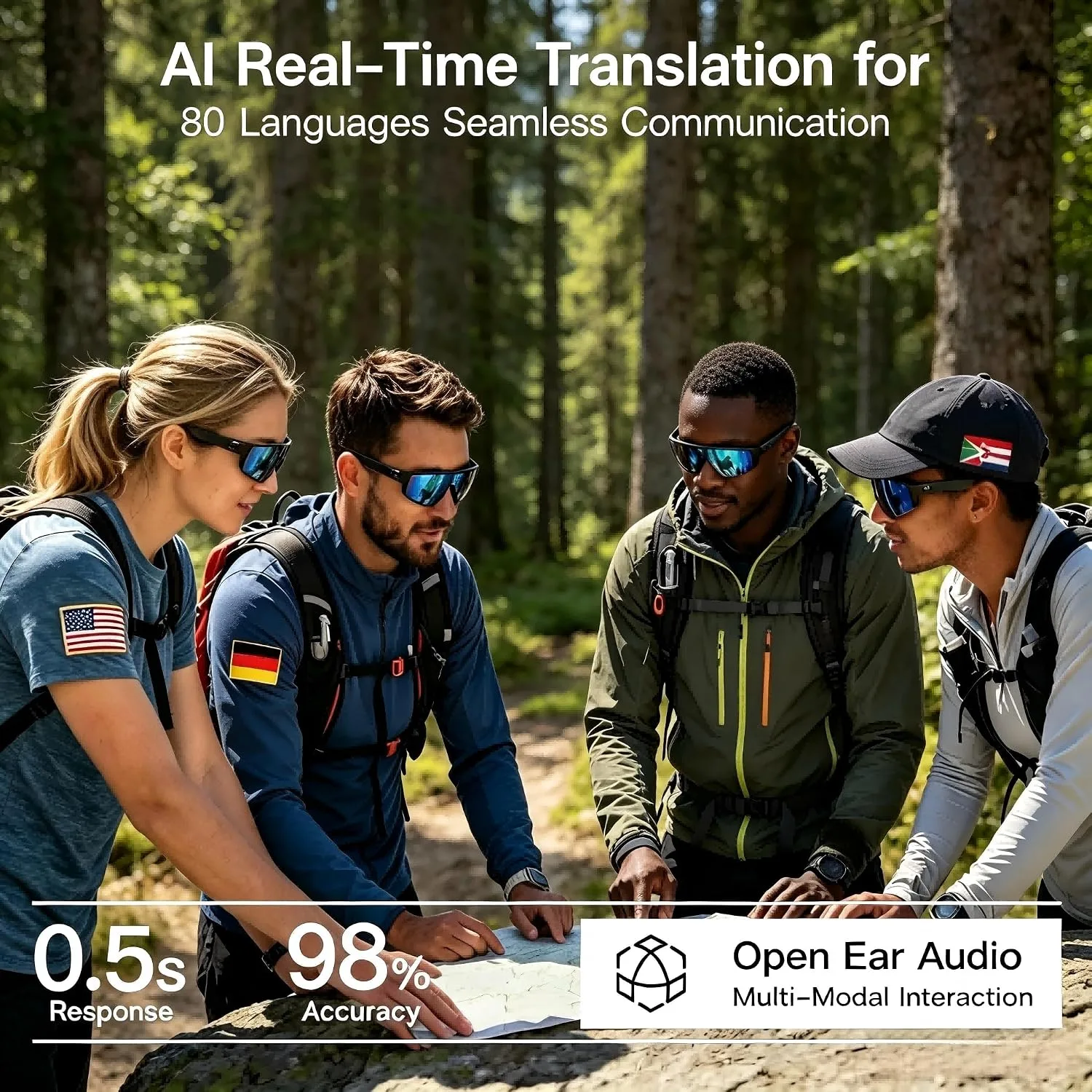 AI Smart Glasses, Voice Control Sports Sunglasses, EIS Anti-Shake, IP54 Waterproof, Real-Time Translation, Open Ear Audio Cycling Glasses for Outdoor Hiking Surfing Running