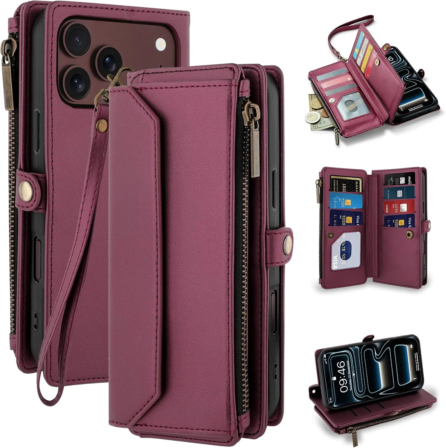 Wallet Phone Case for iPhone 17 Pro Max/18 Pro Max,Deep Wine red