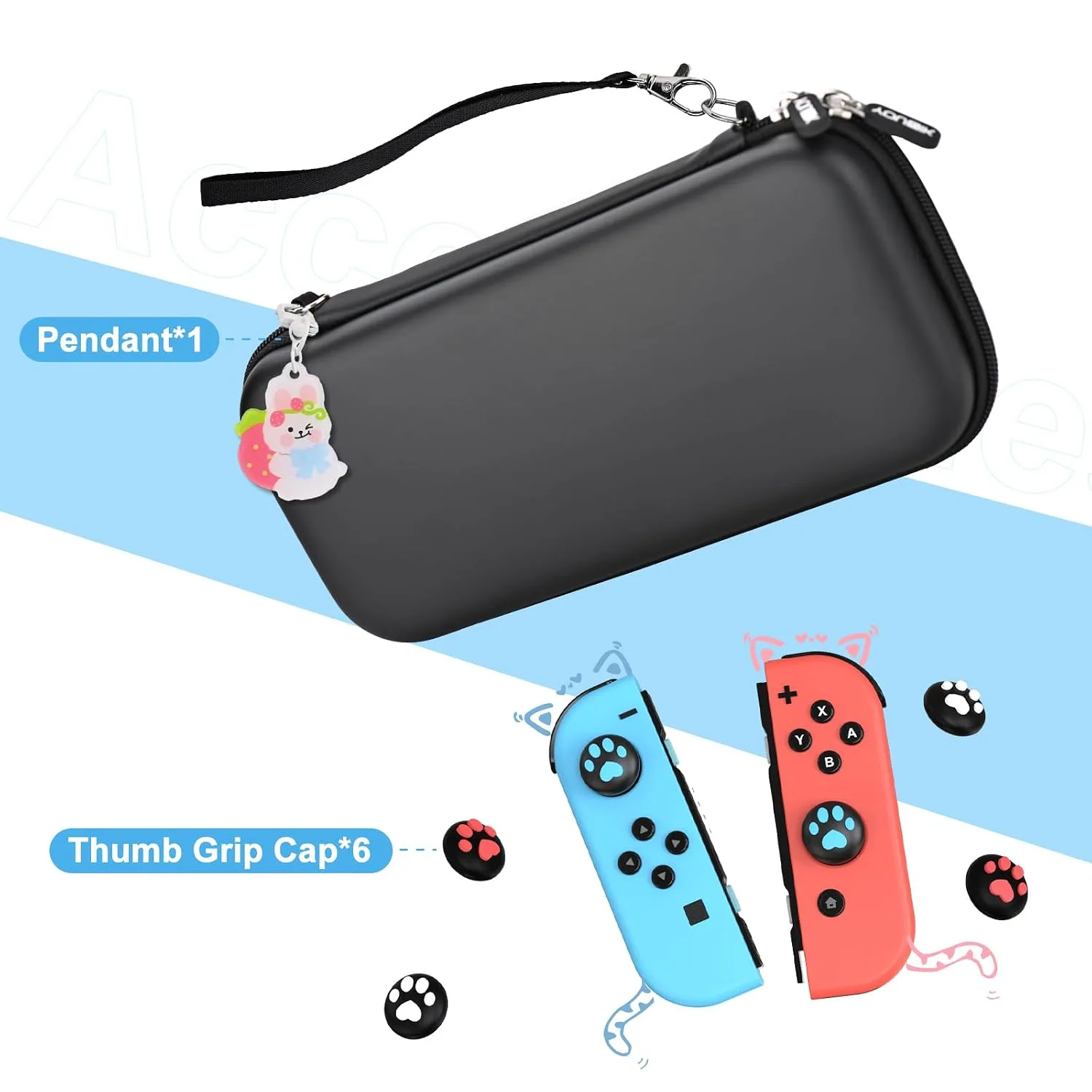 Younik Switch Case for NS Switch and Switch OLED, 11 in 1 Black Switch Accessories Kit Include Switch Carrying Case, Thumb Caps, Cute Sticker and Pendant