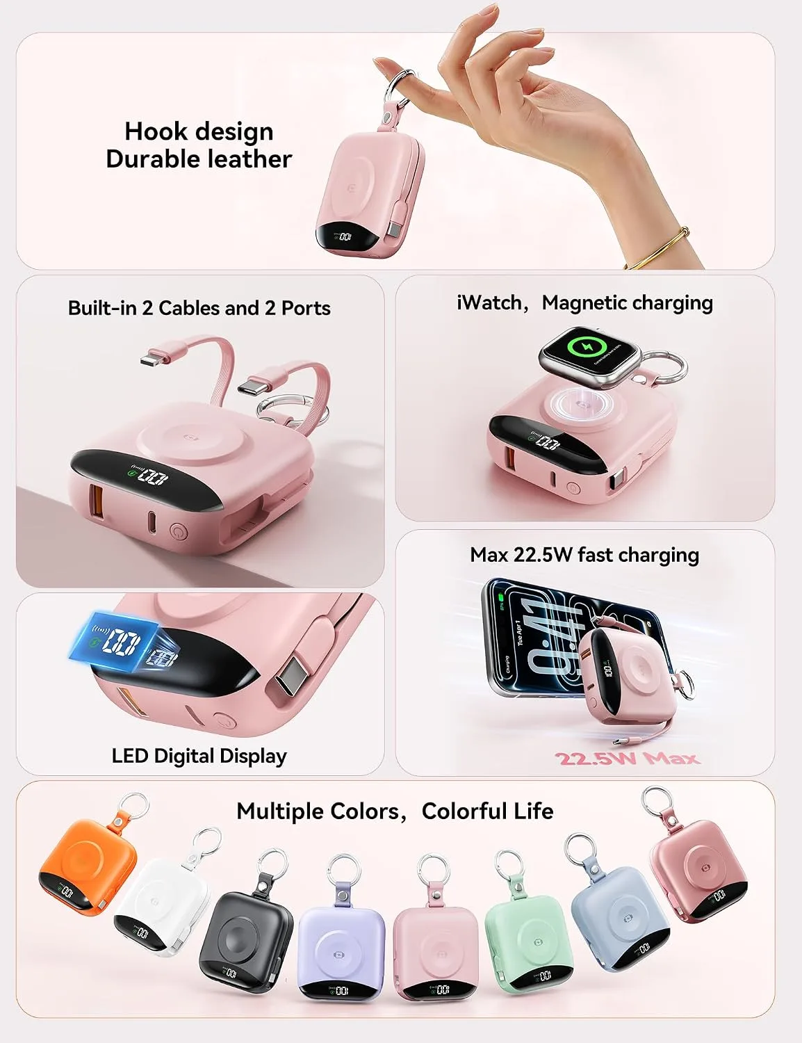 Portable Charger 10000mAh 22.5W Power Bank Built-in 2 Cables Keychain