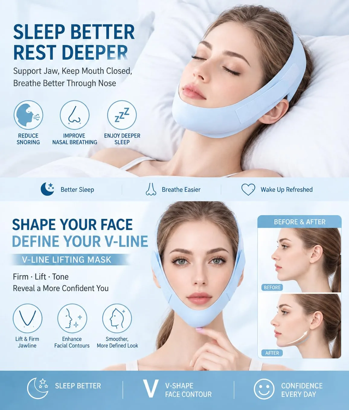 V Line Lifting Mask Chin Strap for Sleeping, Face Lifting Strap, Chin Strap, V Line Mask, Jawline Shaper, Jaw Strap, Double Chin Reducer, Face Lift Tape & Snoring Solution (Blue)