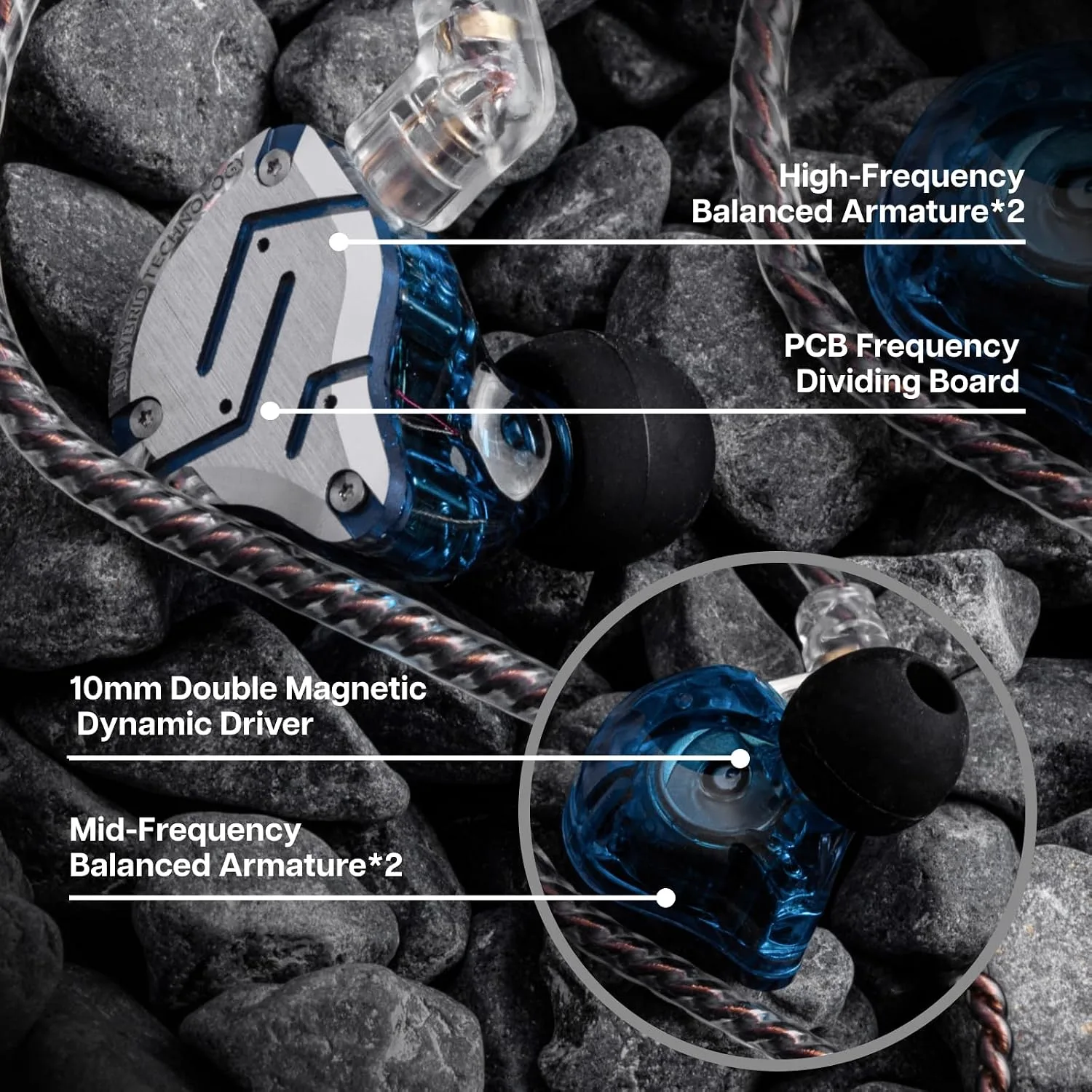Linsoul KZ ZS10 Pro, 4BA+1DD 5 Driver in Ear Monitor, HiFi Wired Earbuds, Gaming Earbuds, Hybrid IEM Earphones with Stainless Steel Faceplate, Detachable Cable for Musician(Without Mic, Glare Blue)