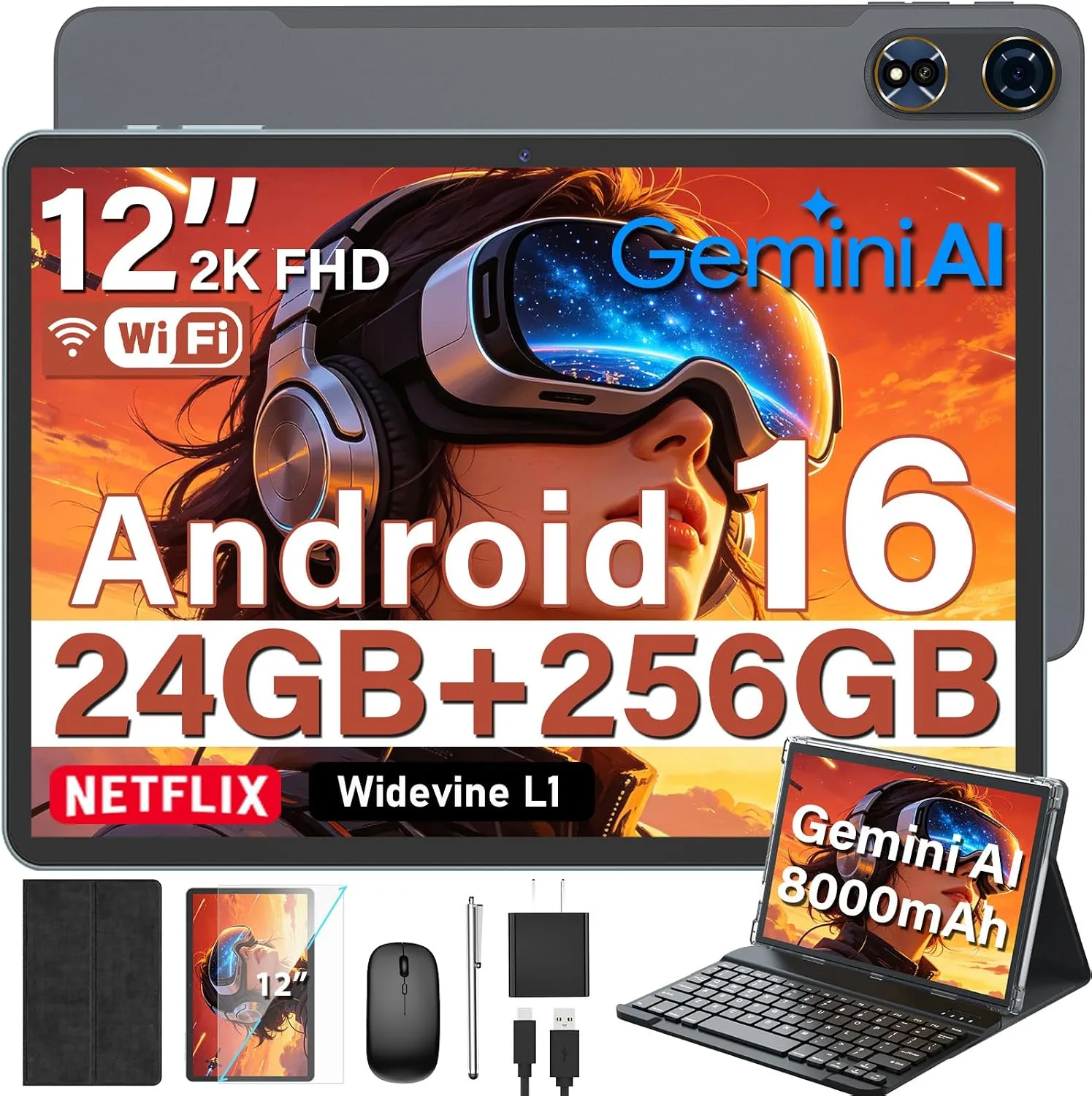 2026 12 Inch Android 16 Tablet with Keyboard, 24GB+256GB+2TB Expand (Black)