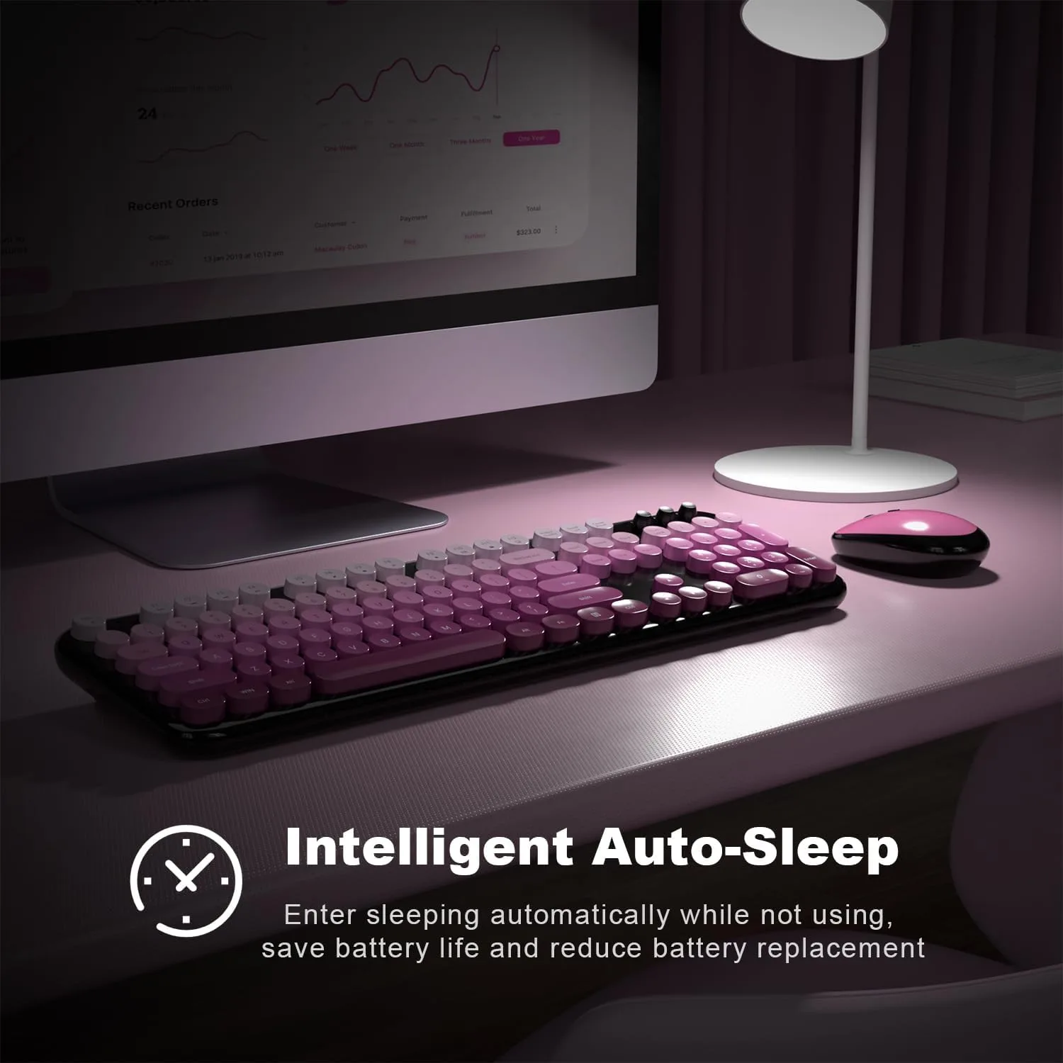 MOFII Wireless Keyboard and Mouse Combo, Full Size 2.4G Retro Round Computer Keyboard and Mouse Set, Plug and Play, for Windows, Computer, Desktop, PC, Notebook - (Black Pink Gradient)