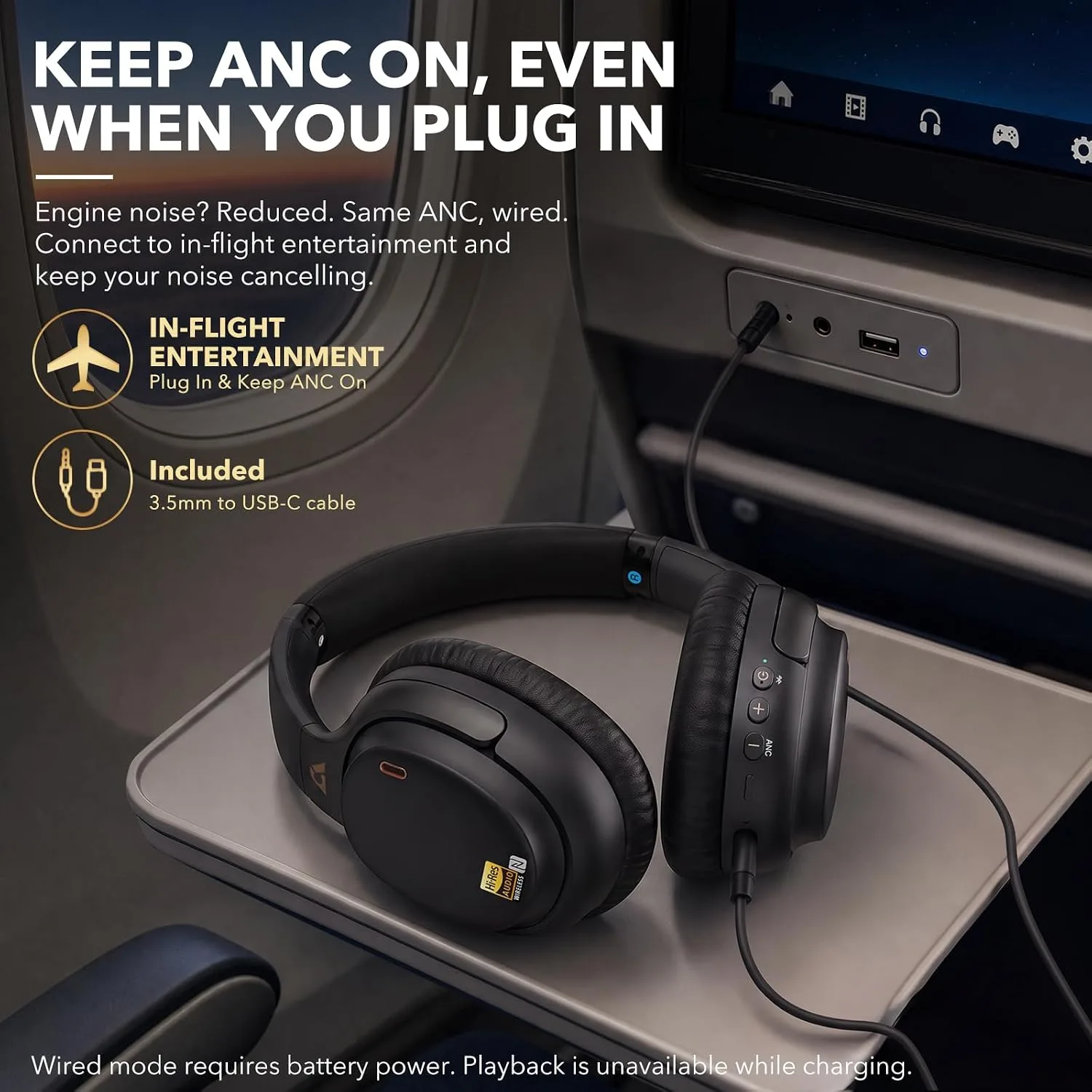 1Mii Noise Canceling Headphones Wired & Wireless for Airplane Travel, Black