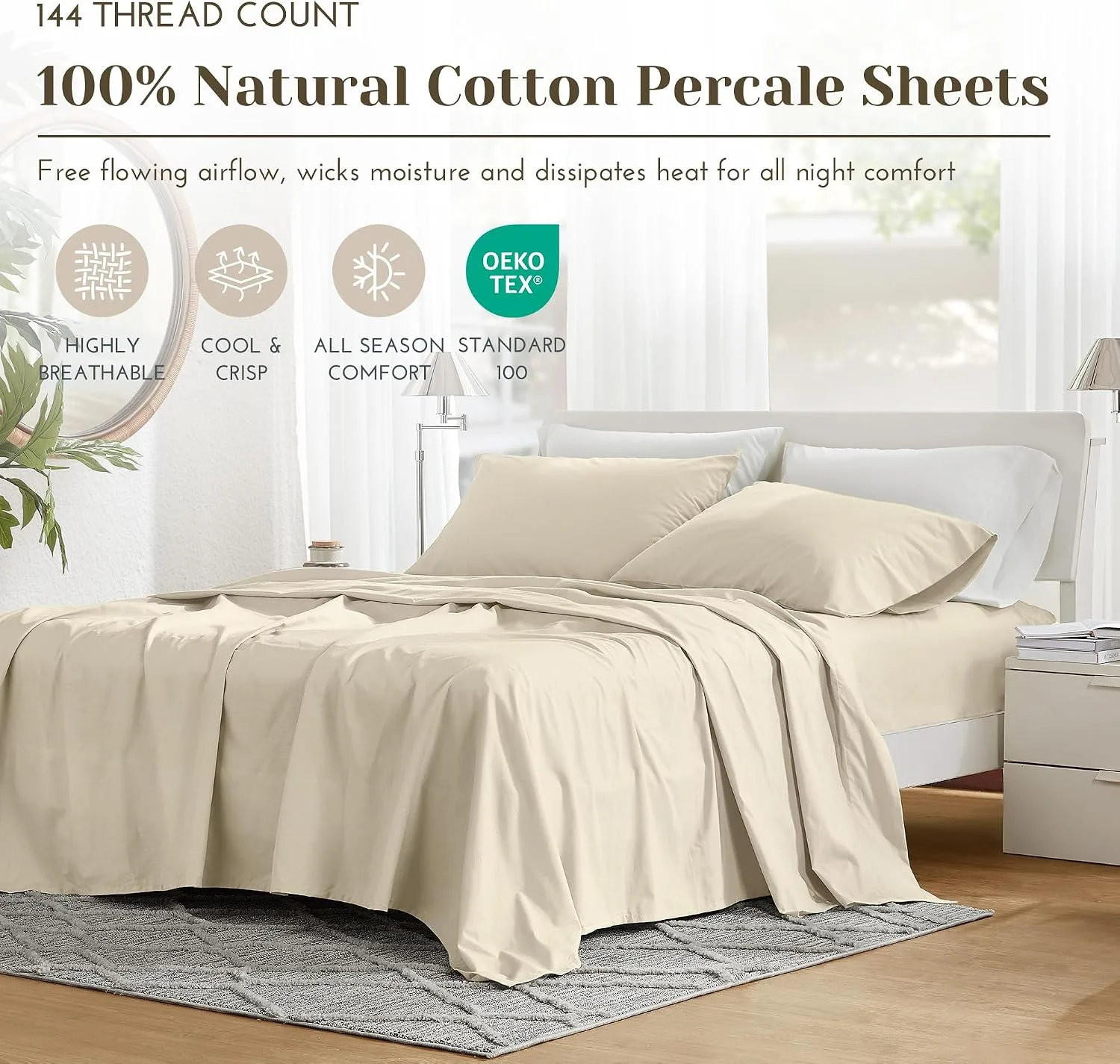 Comfort Spaces 100% Cotton Percale Sheets Queen Sheet Set 4 Pcs, Cream