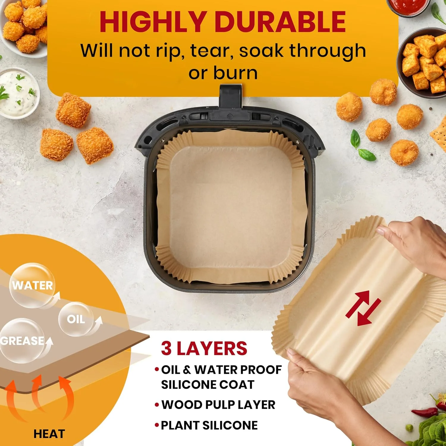 Baker's Signature Air Fryer Liners Disposable 600 Pcs, 8" Square Non-Stick Parchment Sheets