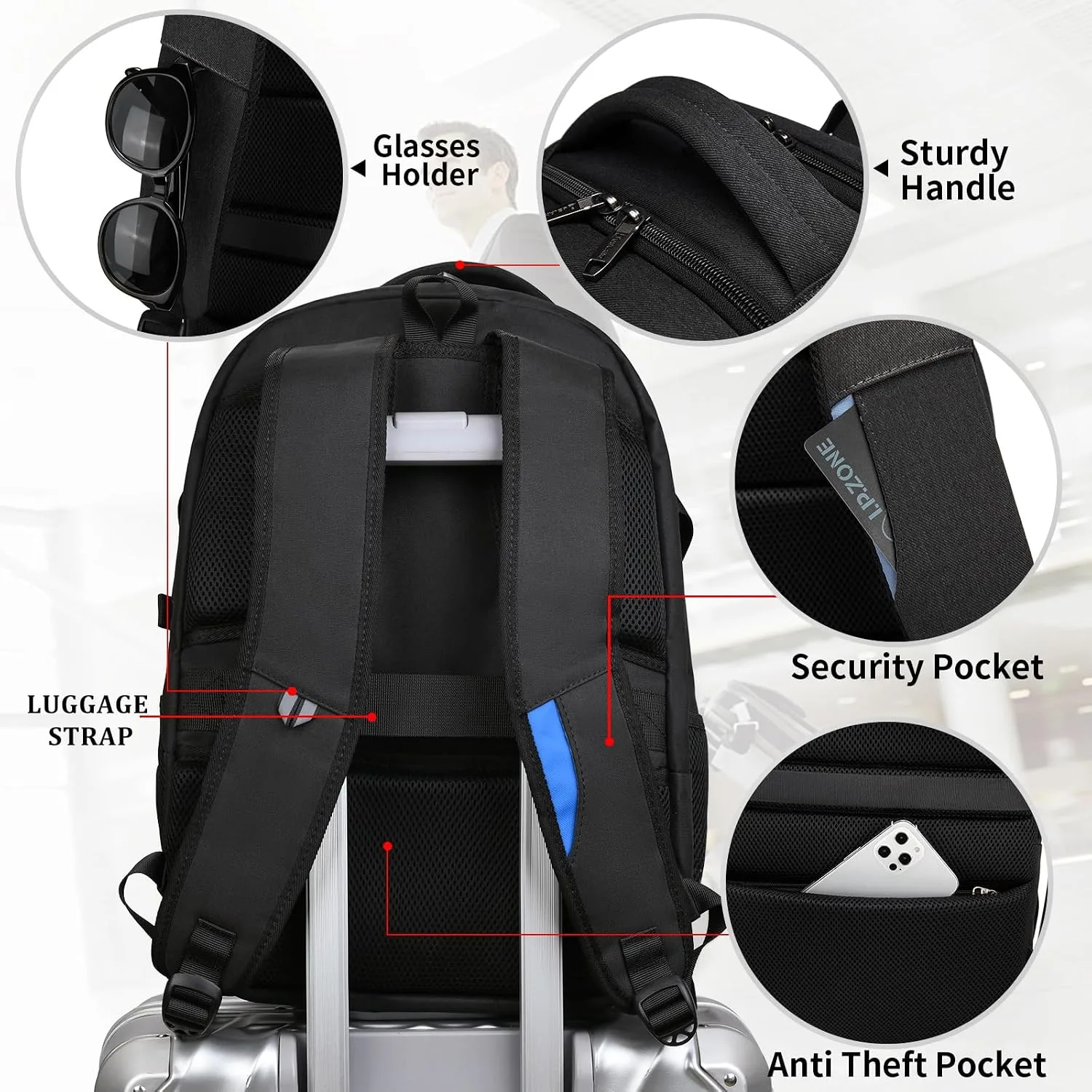 DUSLANG 17 Inch Laptop Backpack for Travel Water Resistant College Backpack for Men/Women Laptop Bag with USB Charging Port and Red TSA lock,Black