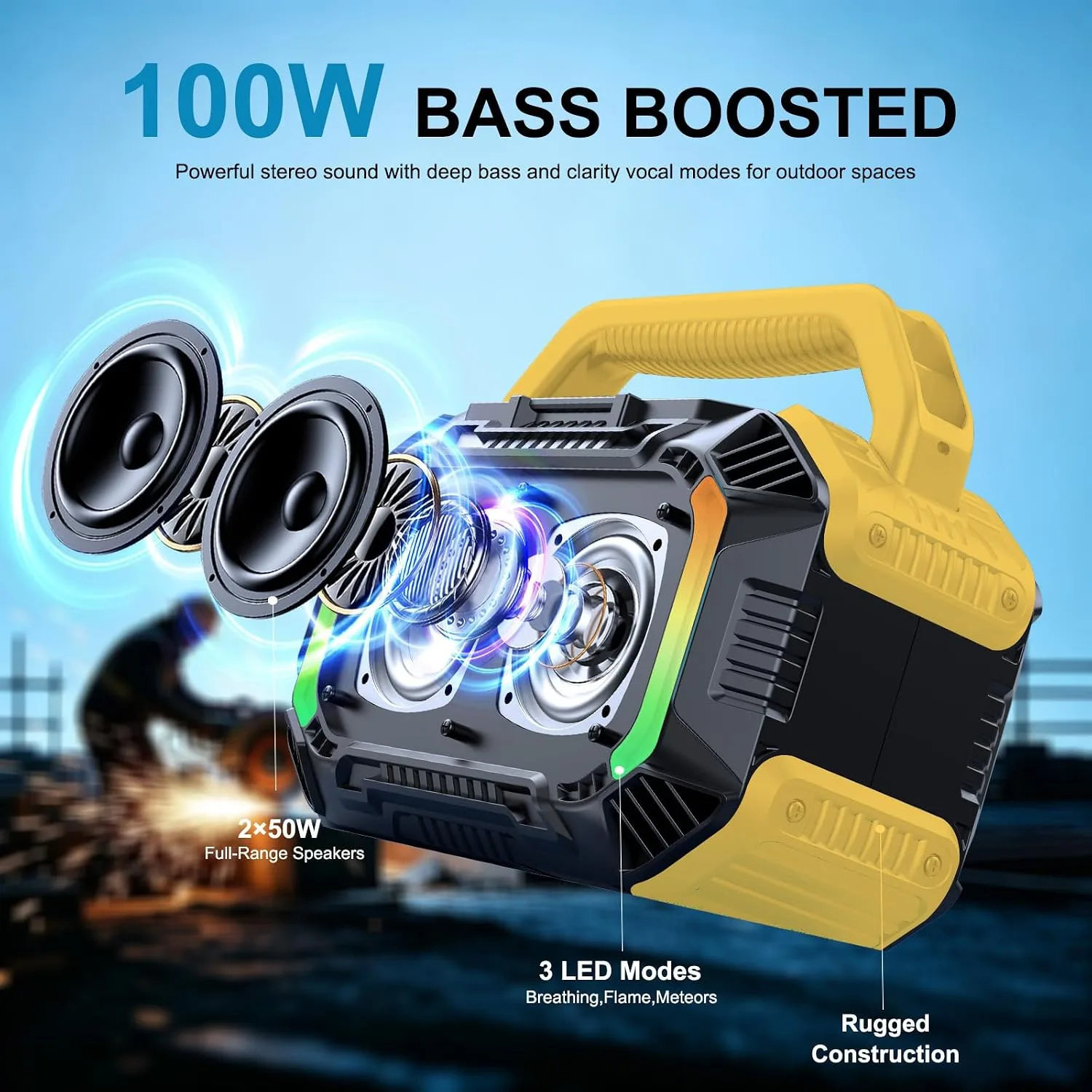 Speakers Bluetooth Wireless, 100W Portable Bluetooth Speaker with Bass, IPX7 Waterproof & Floatable, 20H Playtime, RGB Light, Loud Speakers with TWS for Work, Outdoor, Garage(L-Yellow)
