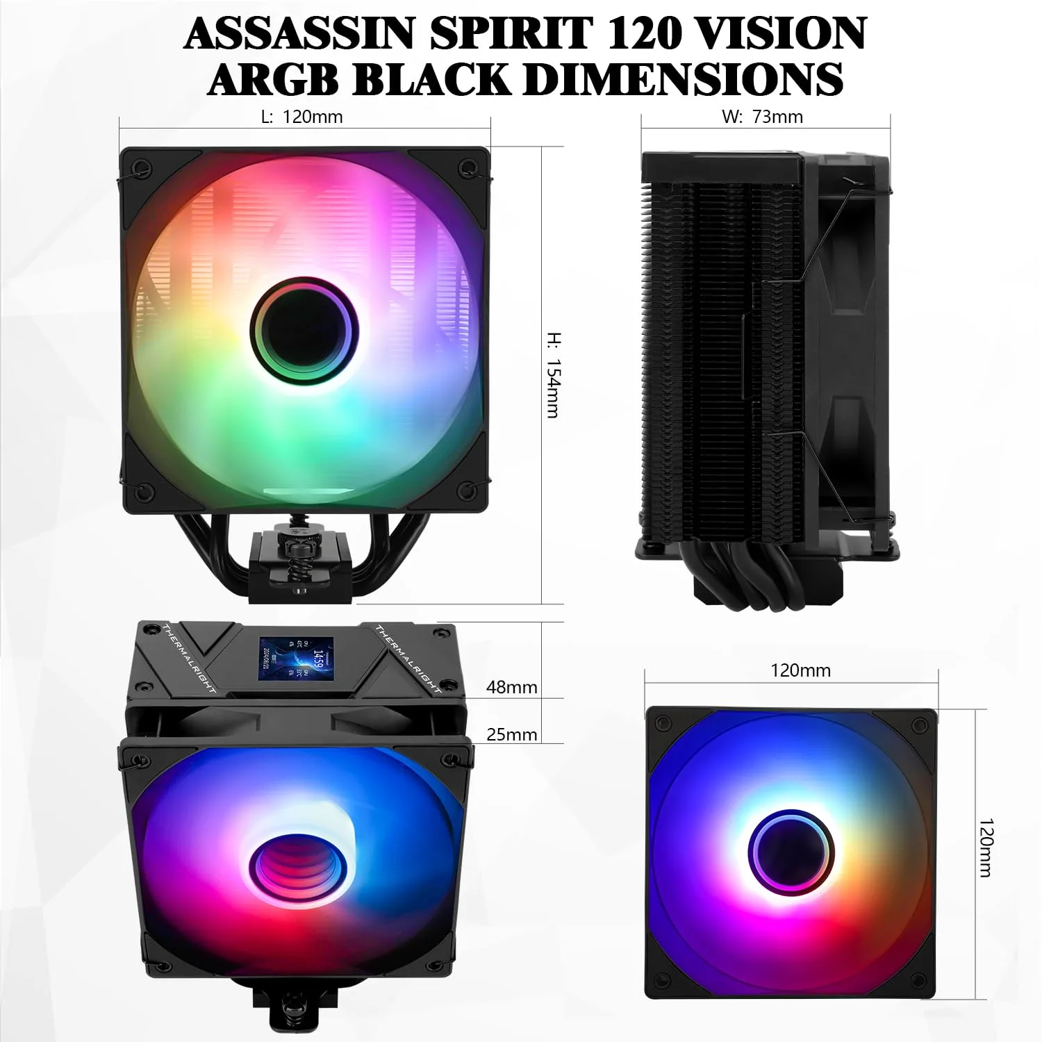 Thermalrlght Assassin Spirit 120 Vision ARGB Black CPU Air Cooler, PC Cooling with 1500RPM Speed,240*240 Resolving Power IPS LCD Screen with 1.54in,Computer Cooler for Intel lga1851/1700/115X,AM4/AM5