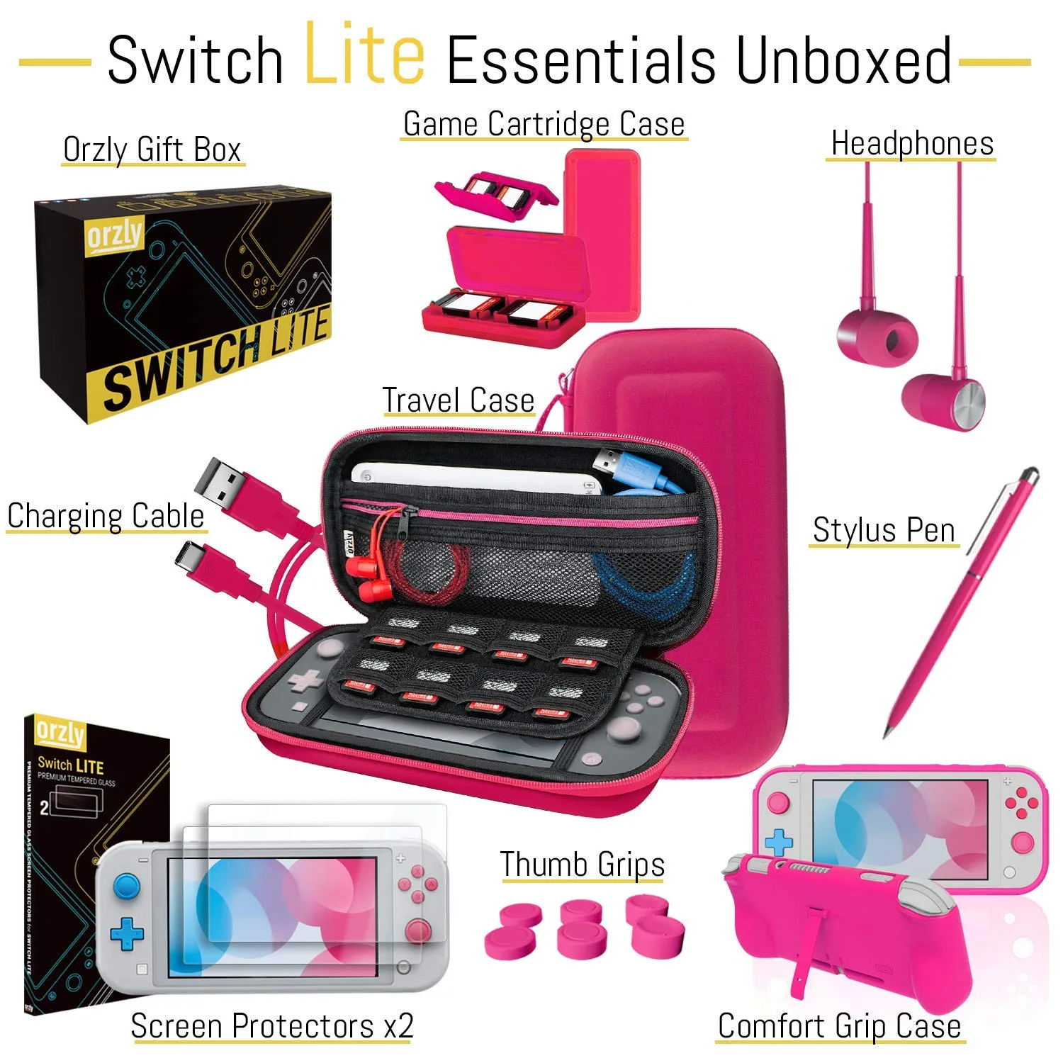 Orzly Accessories Bundle for Switch Lite - Case & Screen Protector for Nintendo Switch Lite Console, USB Cable, Games Holder, Comfort Grip Case, Headphones, Thumb-Grip Pack & More - Pink