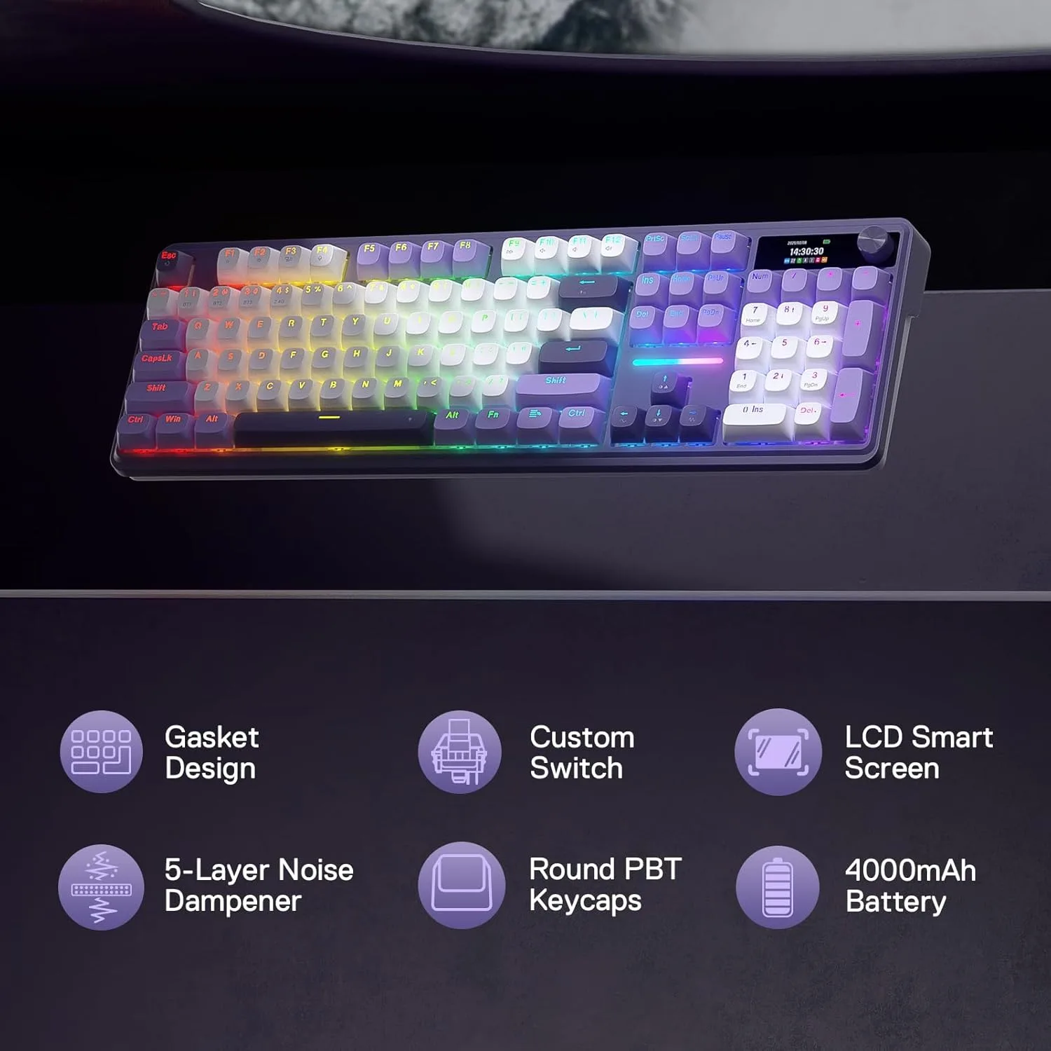 Redragon K762 PRO Wireless 104-Key Gasket Gaming Keyboard, Screen & Knob