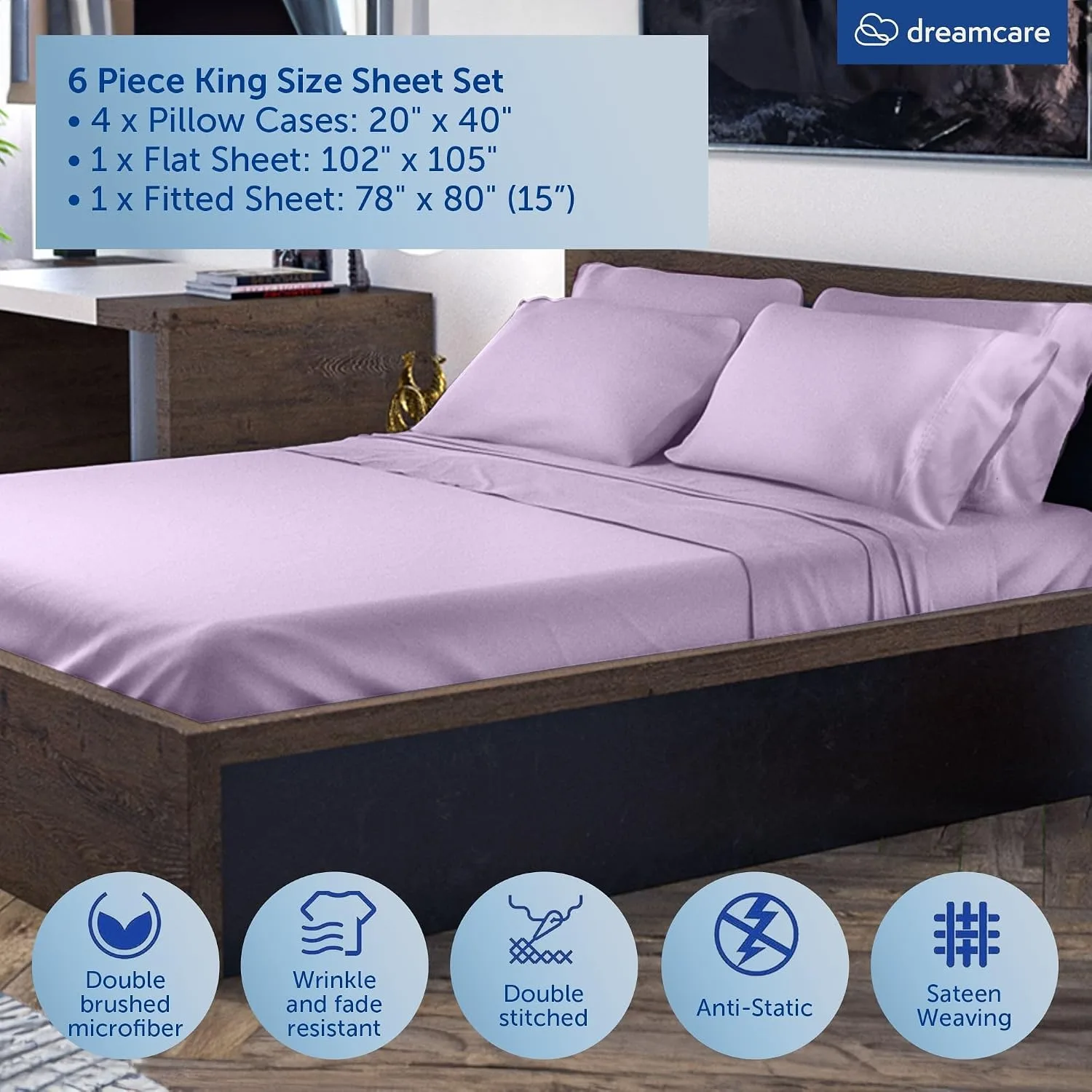 DREAMCARE King Size Sheets Set - 6 pcs Breathable Cooling Sheets King Size