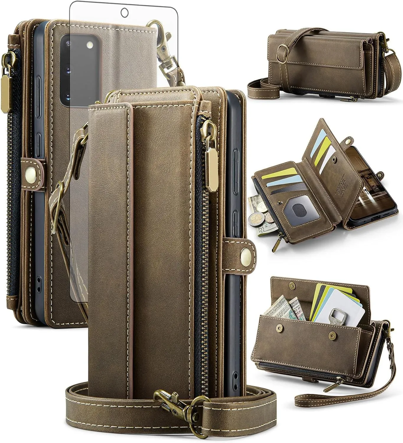 Phone Case for Samsung Galaxy S20 Plus S20+ 5G Zipper Wallet Cover with Screen Protector Crossbody Lanyard Strap Flip RFID Blocking Card Holder Cell S20+5G S20plus 20S + 20+ G5 Women Men Brown