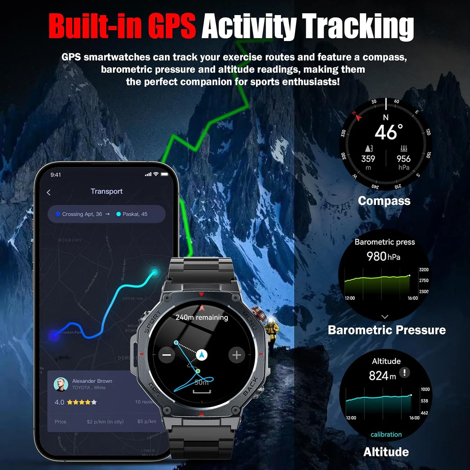 Jugeman Military Smart Watch for Men Built-in GPS with LED Flashlight-Black