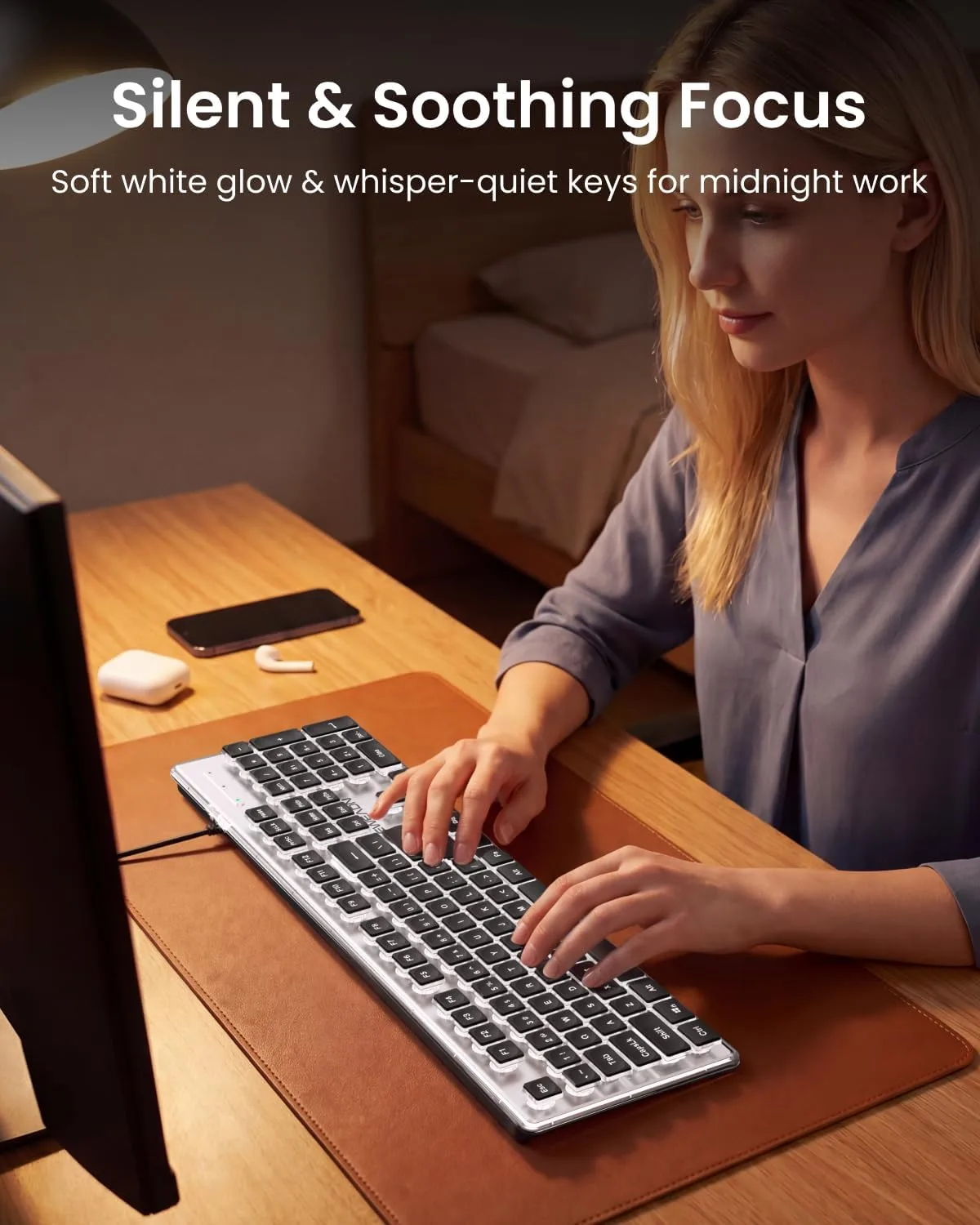 Wired Keyboard with White Backlit, Never Fade, Soft Click Typing, Black