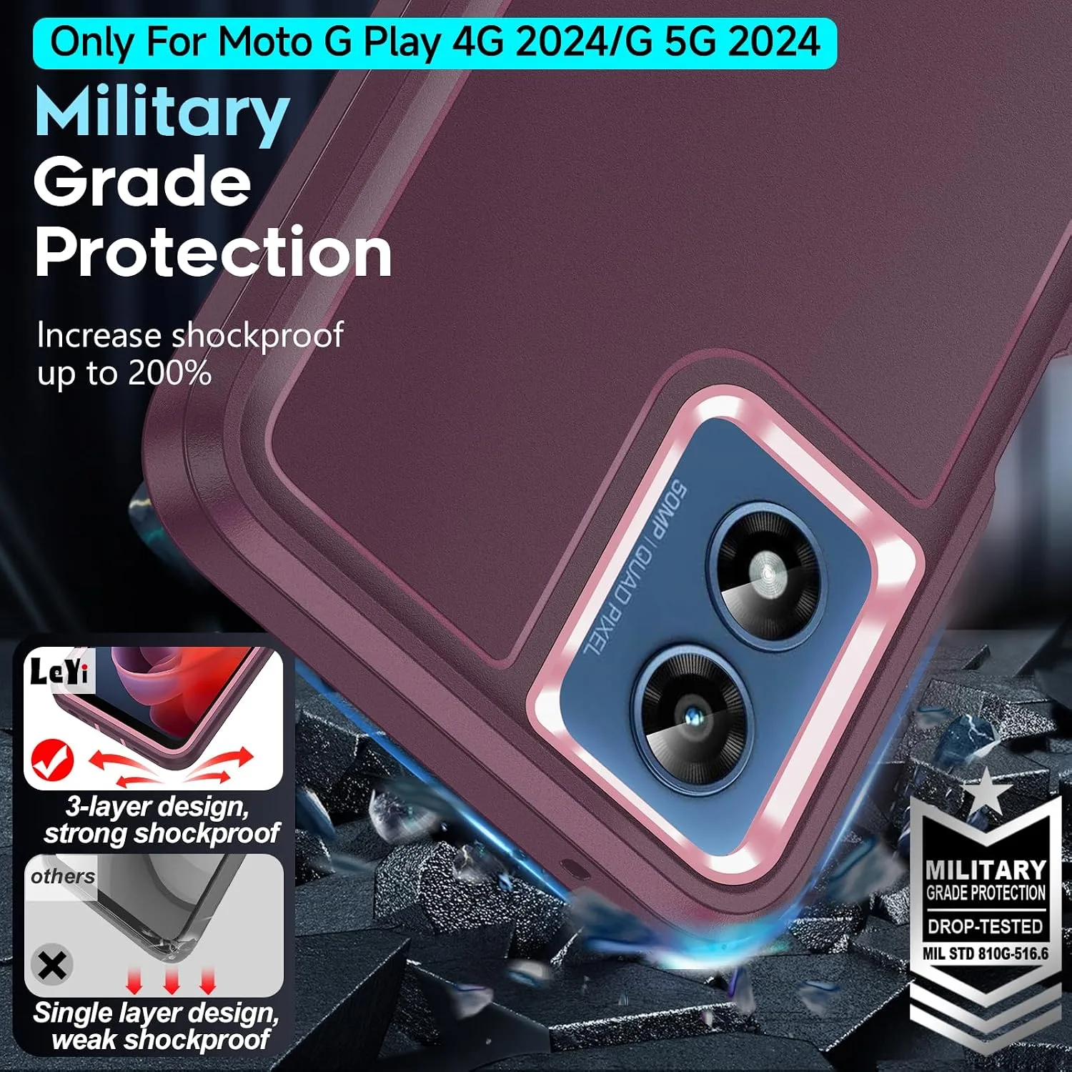 LeYi for Moto-5G-2024 Case: 𝗡𝗼𝘁 𝗣𝗹𝗮𝘆, 3-Layer Full Body, Wine Red