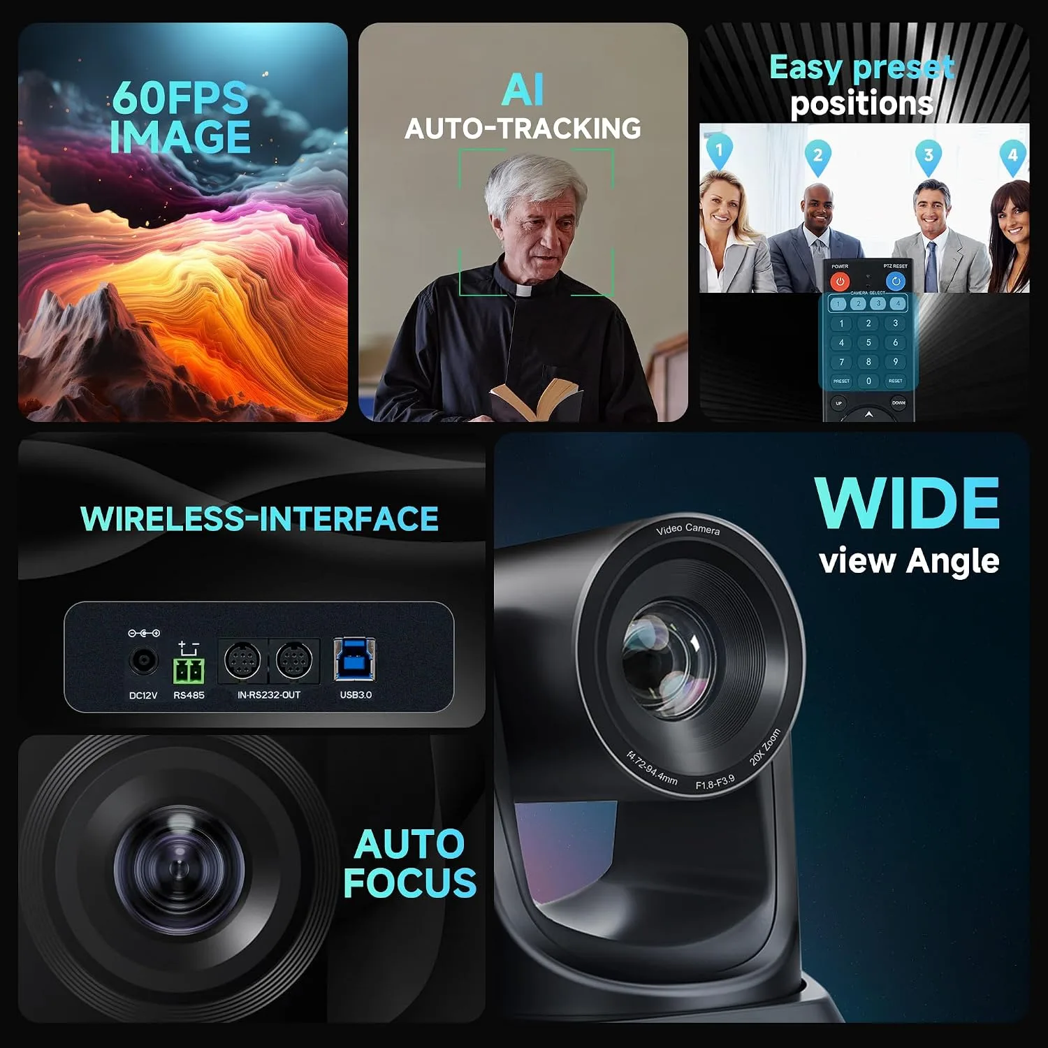 TONGVEO Wireless AI PTZ 20X Zoom Camera with Auto-Tracking: Built-in 5.8GHz Receiver for Cable-Free Setup, 1080P 60fps Conference Camera for Church Services, Online Classes & Hybrid Meetings