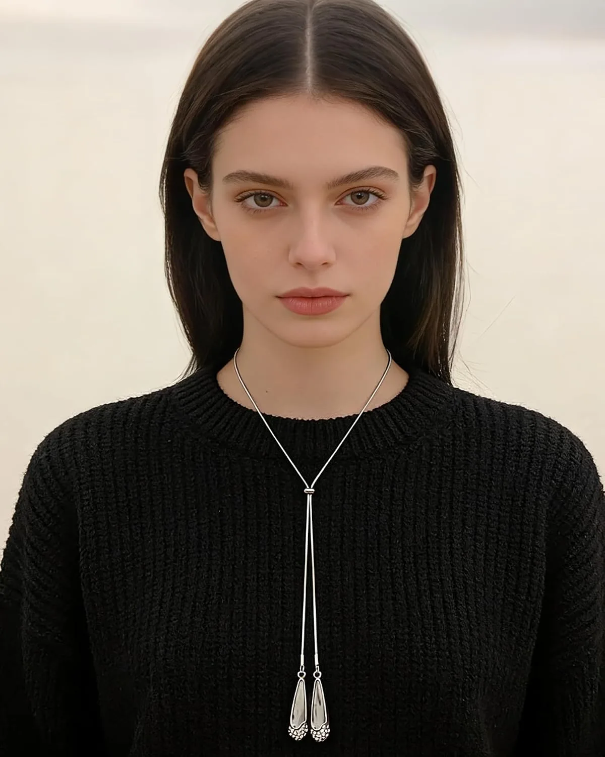 Silver Water Drop Necklace for Women Trendy Long Silver Lariat Necklace Adjustable Y Shaped Sweater Necklaces Fall Winter Outfit Jewelry Accessories