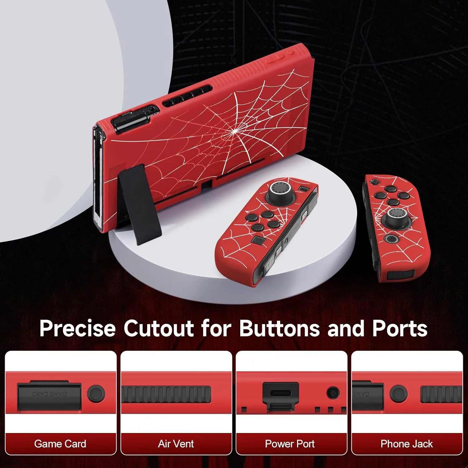 JINGDU Protective Case Compatible with Nintendo Switch 2017, TPU Case Accessory for Switch Console and Grip Joy-Con, Switch Protector with 4 Thumb Grips, Red Spider Web