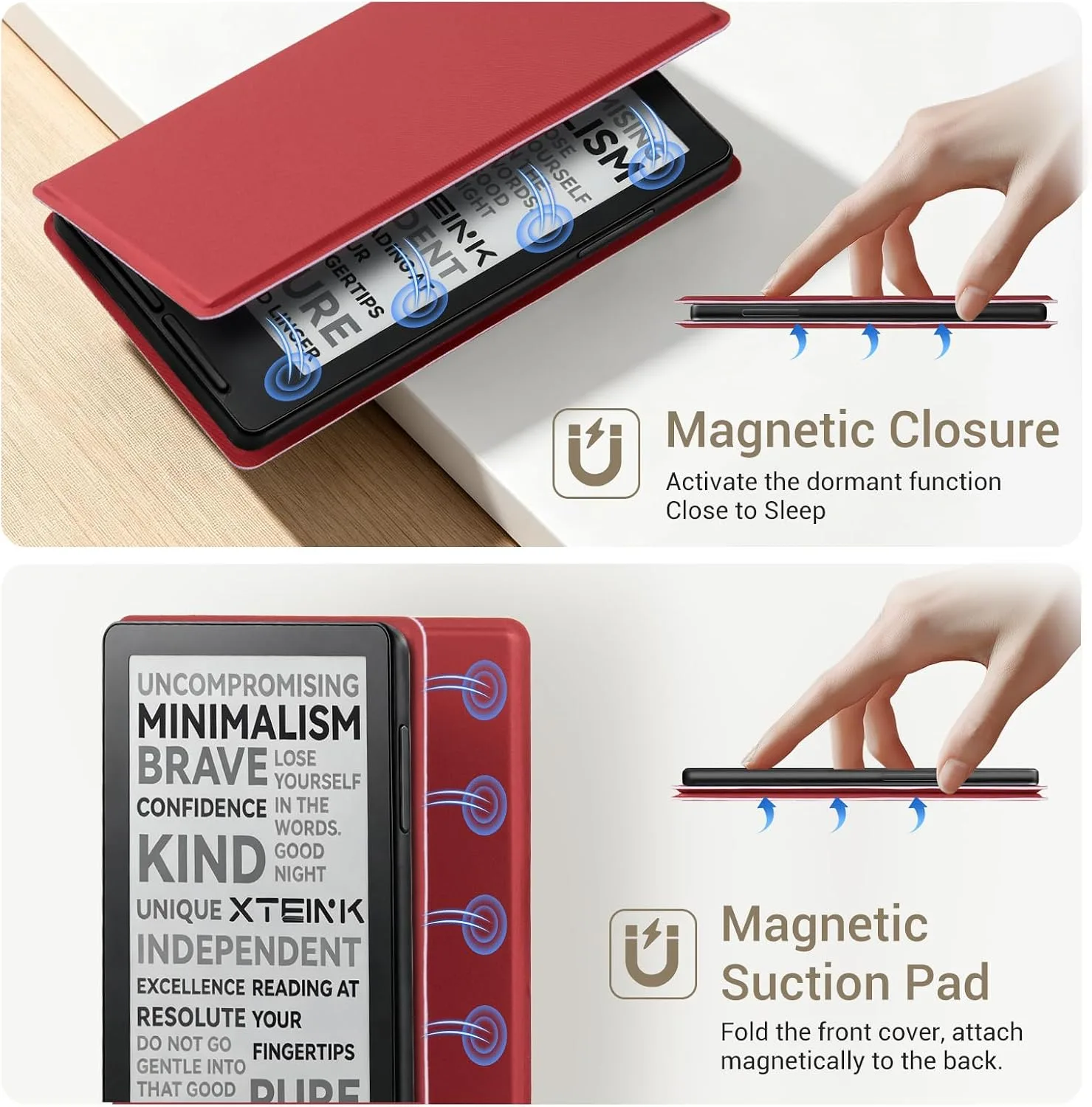 CoBak Magnetic Case for XTEINK X3 eBook Reader, 3.7" Ultra-Lightweight PU Leather Cover(Red)
