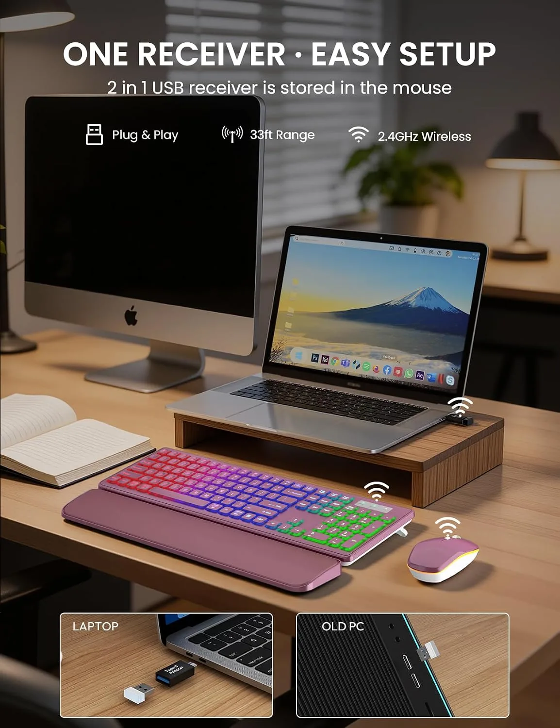Wireless Keyboard and Mouse Combo, RGB Backlit, Wirst Rest, Rechargeable