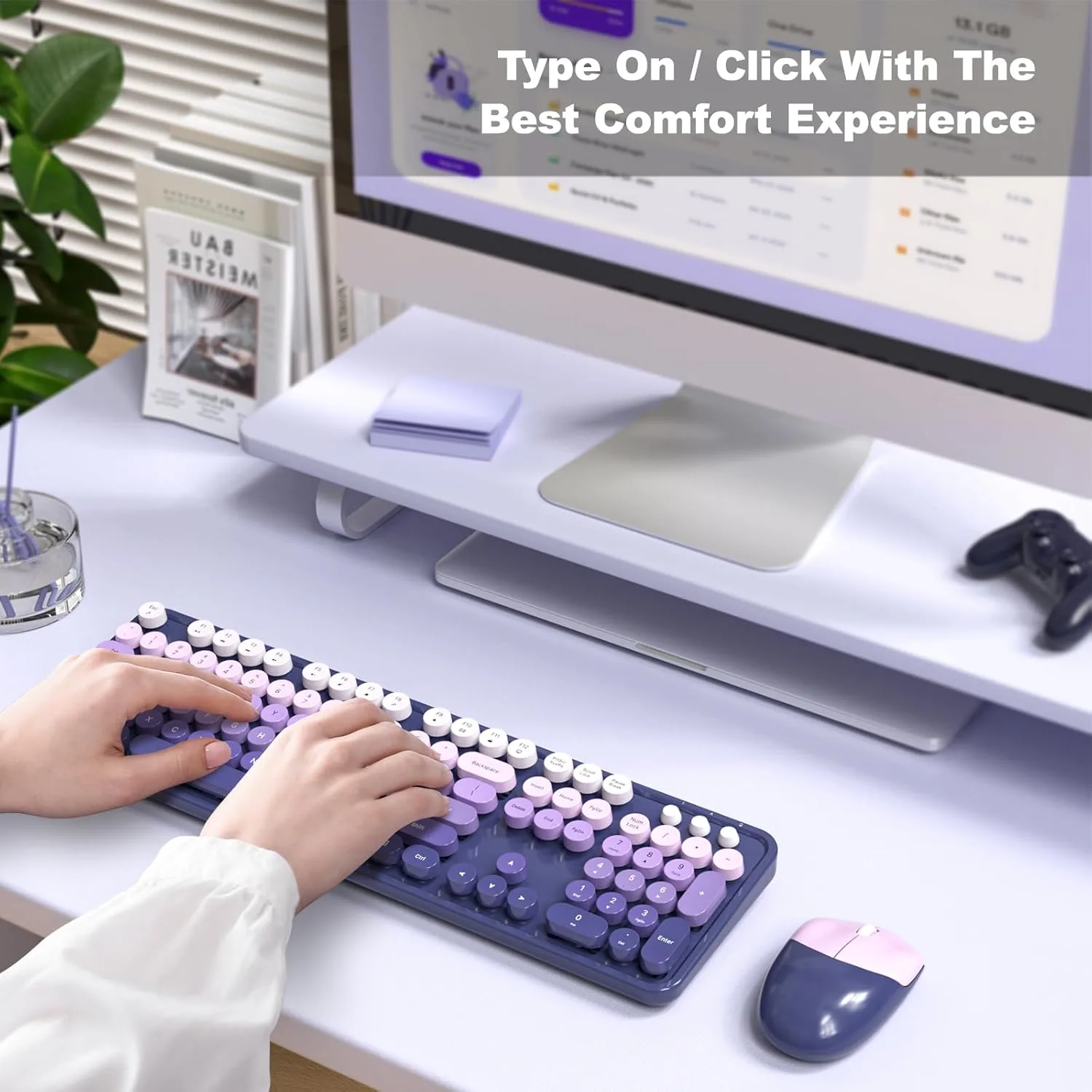 MOFII Wireless Keyboard and Mouse Combo, Full Size 2.4G Plug and Play Typewriter Retro Round Computer Keyboard and Mouse Set for Windows, Computer, Desktop, PC, Notebook - (Purple Gradient)