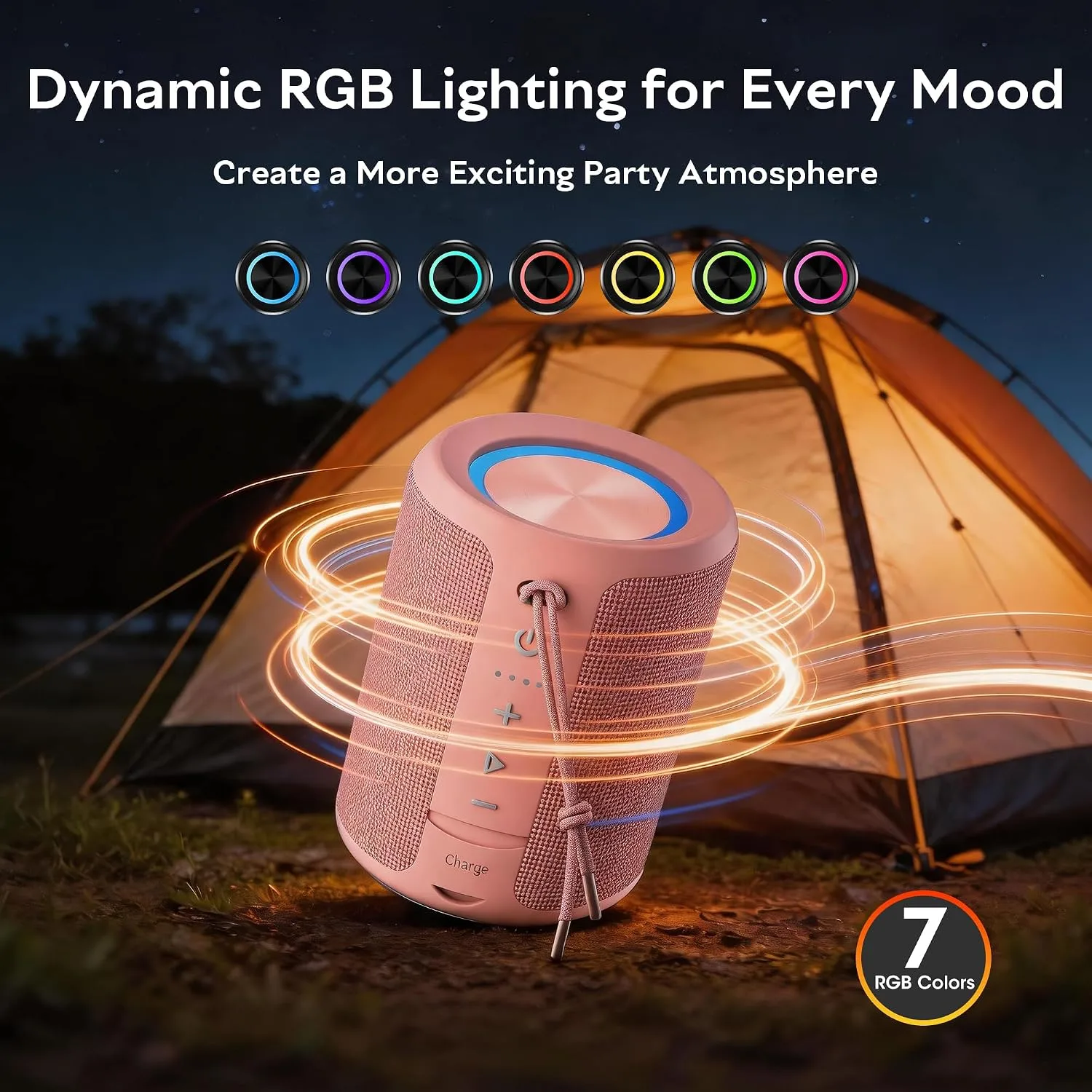 Portable Bluetooth Speaker, IPX7 Waterproof Wireless Speaker with 20W Loud Stereo Sound, 15H Playtime & Beat-Synced RGB Light, Small Outdoor Speaker for Shower, Pool, Beach,Hiking,Gifts(Pink)