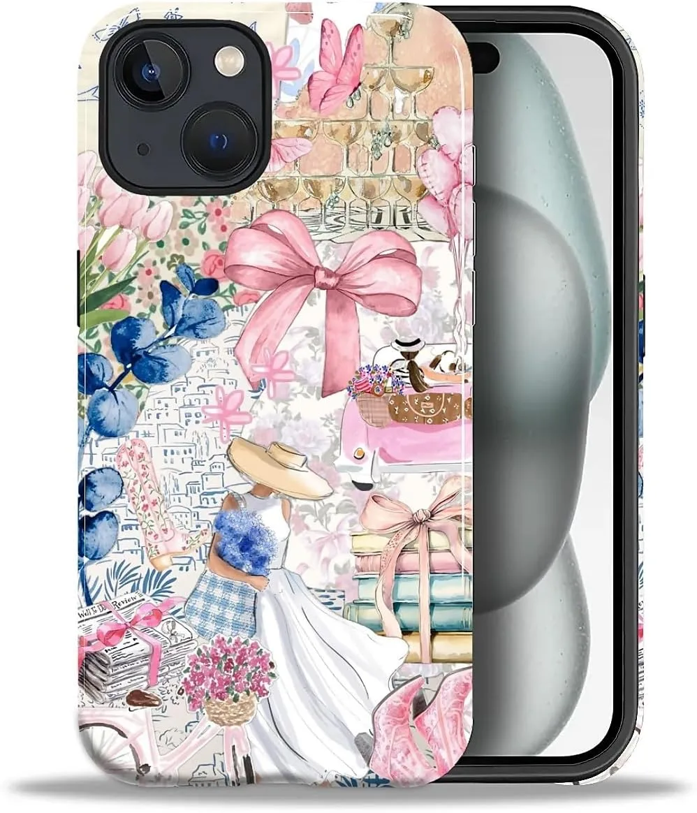DAIZAG Case for iPhone 15 Plus,Mixed 2 Layer Design Shockproof Soft TPU Ddouble Protection Phone Case for iPhone 15 Plus-Magazine Books Flower Bow Collage