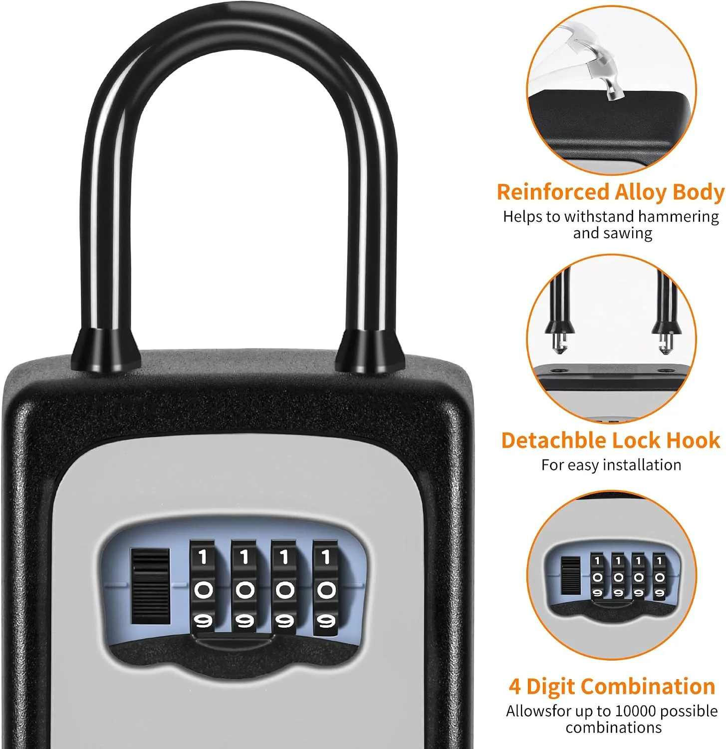 Portable Key Lock Box, Upgrade Clearly Visible Numbers, Lock Box Wall Mounted for House Key, 5 Key Capacity, Weatherproof Resettable Code (1 Pack, Gray)