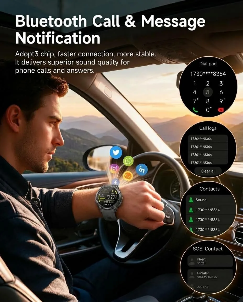 Military Smart Watch for Men, Built-in GPS, Bluetooth Call, 3ATM Waterproof