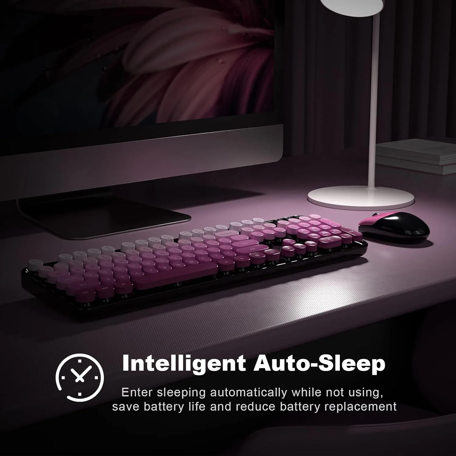 MOFII Wireless Keyboard and Mouse Combo, Full Size 2.4G Plug and Play Typewriter Retro Round Computer Keyboard and Mouse Set for Windows, Computer, Desktop, PC, Notebook - (Black Pink Gradient)