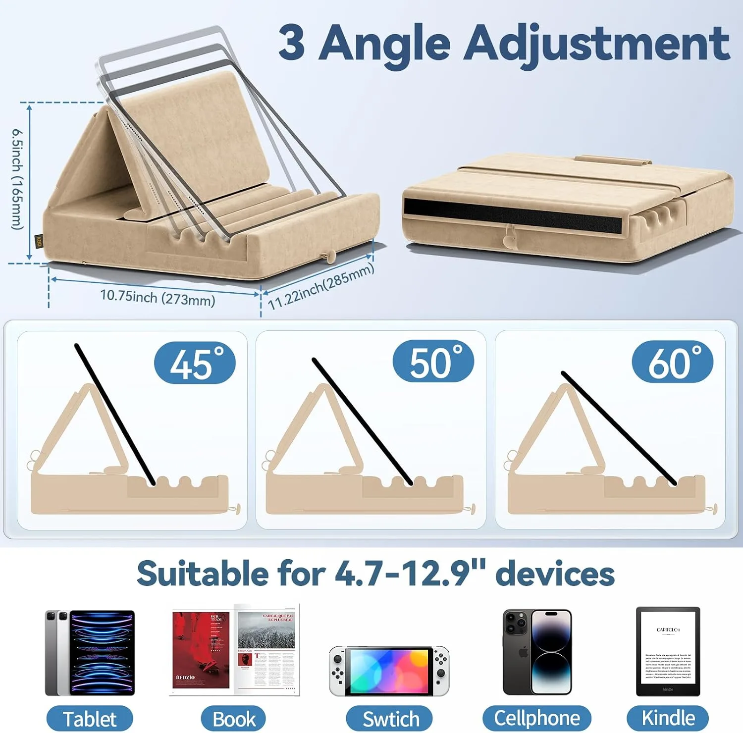 KDD Tablet Pillow Holder, Foldable iPad Stand for Lap, Bed and Desk -Tablet Soft Pad Dock with Pocket & Stylus Mount Compatible with iPad Pro 12.9, 10.5, 9.7 Air Mini 6 5 4 3, Galaxy Tab, E-Reader