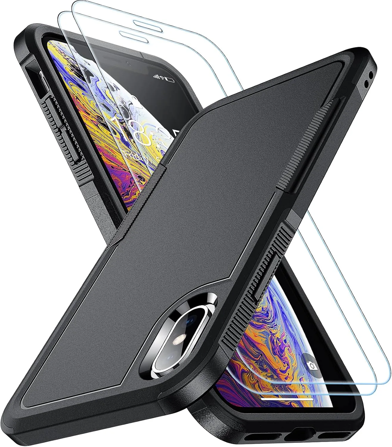 SPIDERCASE for iPhone X Case/iPhone Xs Case, [Shockproof][Dropproof] [Non-Slip] [2 pcs Tempered Glass Screen Protector] Heavy Duty Phone Case Cover for iPhone X/XS 5.8,(Black)