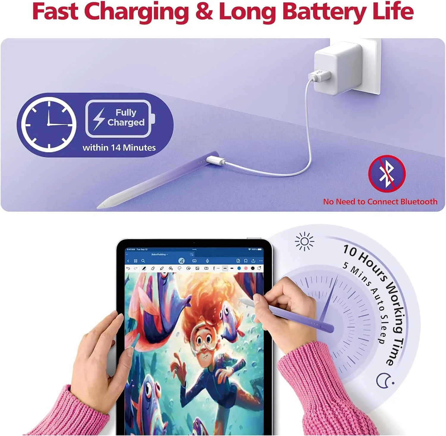 Stylus Pen for iPad,14Mins Fast Charge for Apple Pencil,Palm Rejection,Tilt Sensitivity, Pen for iPad11/10/9/8/7/6, Pro 12.9"/11"/13" M4, Mini 6/5, Air 5/4/3/11"-13" M2/M3 with Polishing Cloth