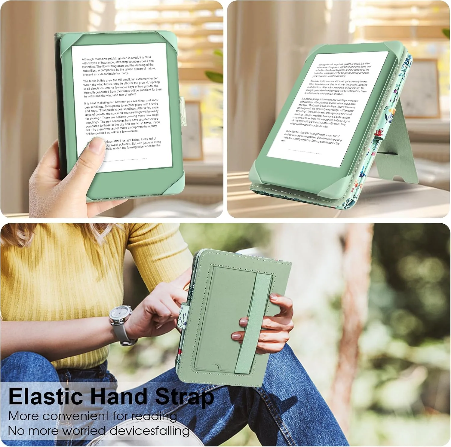 HoYiXi Universal Case for 6 inch eReader,Compatible with Kindle/Kobo Clara HD/Kobo Clara 2E/Paperwhite/Pocketbook/Tolino eReader,with HandStrap/Kickstand, Cover Case for 6'' eReaders,Green Flowers
