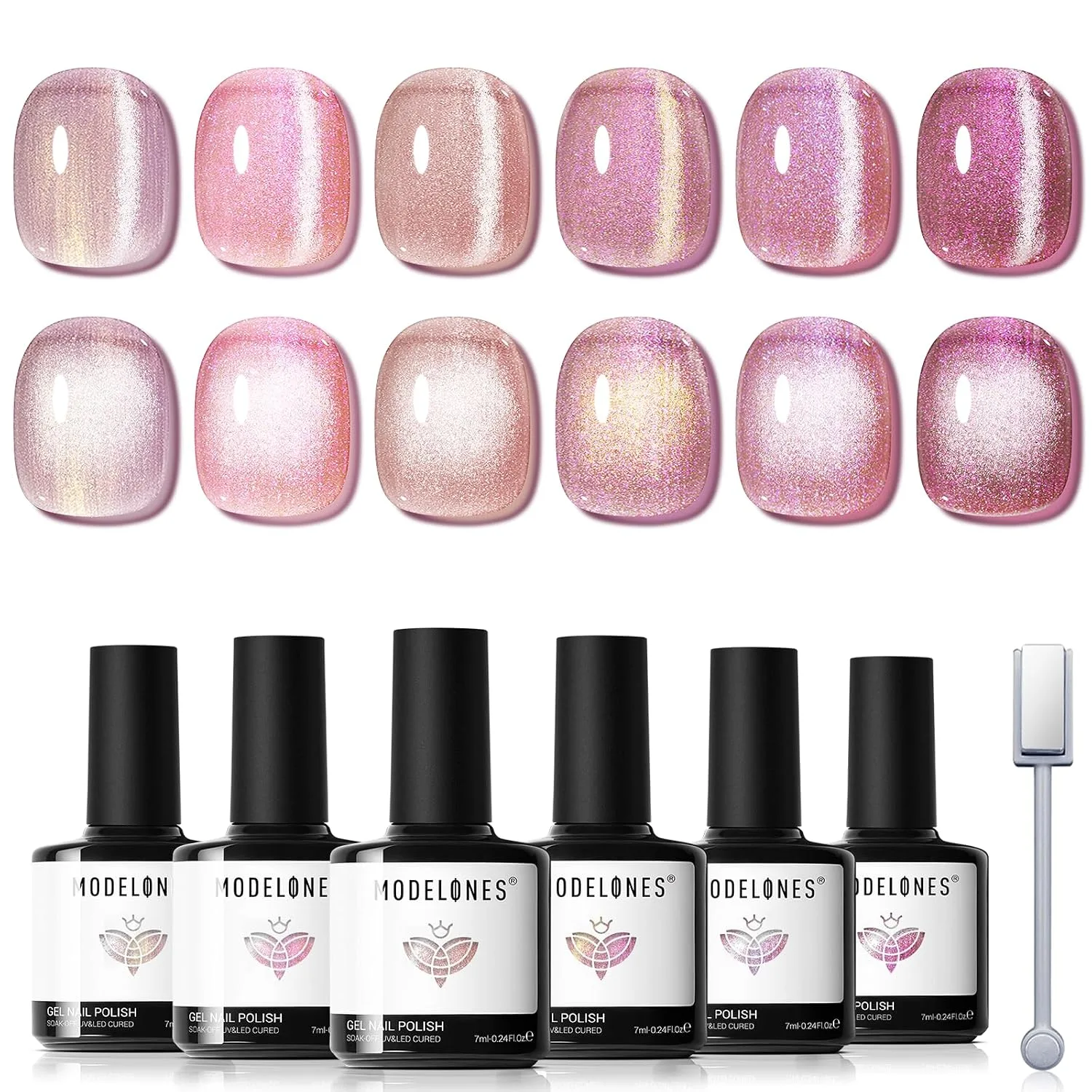 modelones Cat Eye Gel Nail Polish Set Glitter 6Colors Pink Nude Summer